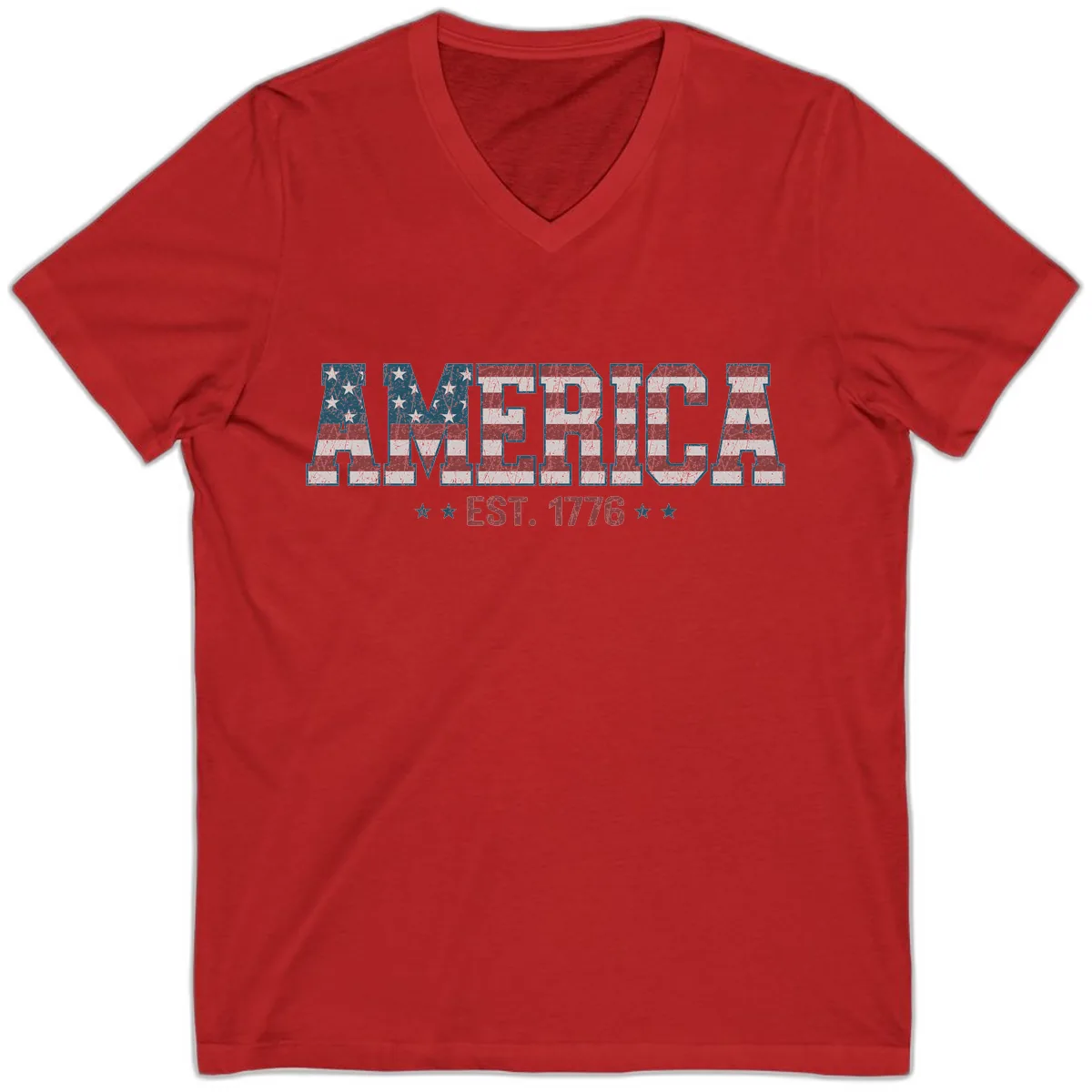 Distressed American Flag Est. 1776 Design V-Neck in Red