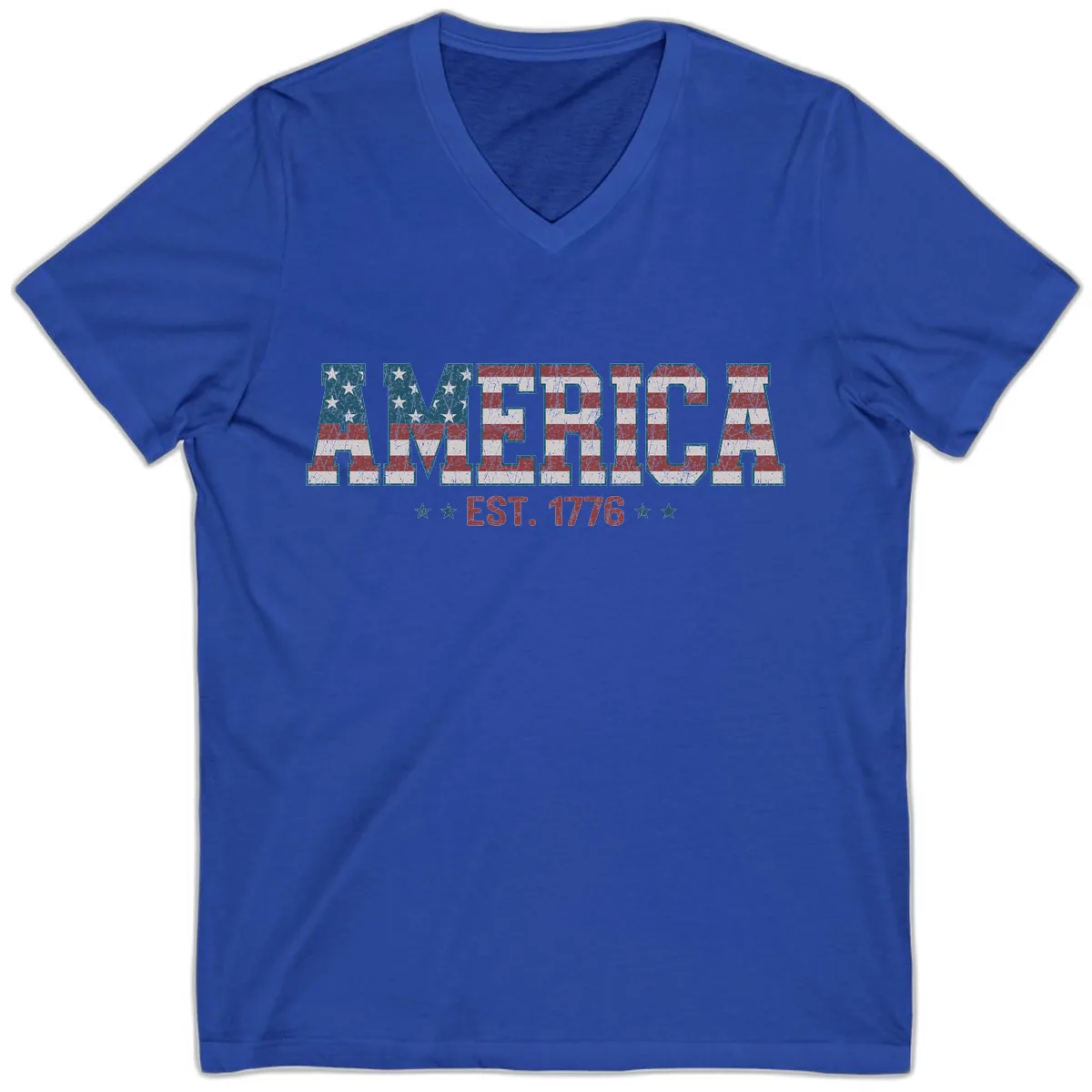 Distressed American Flag Est. 1776 Design V-Neck in True Royal