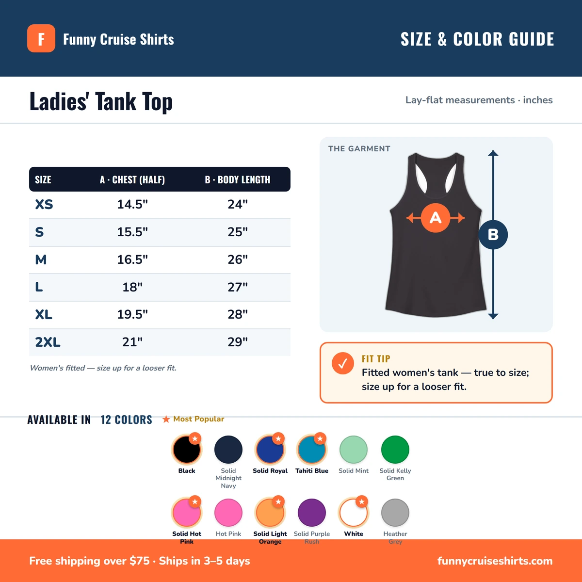 Ladies Tank size & color guide