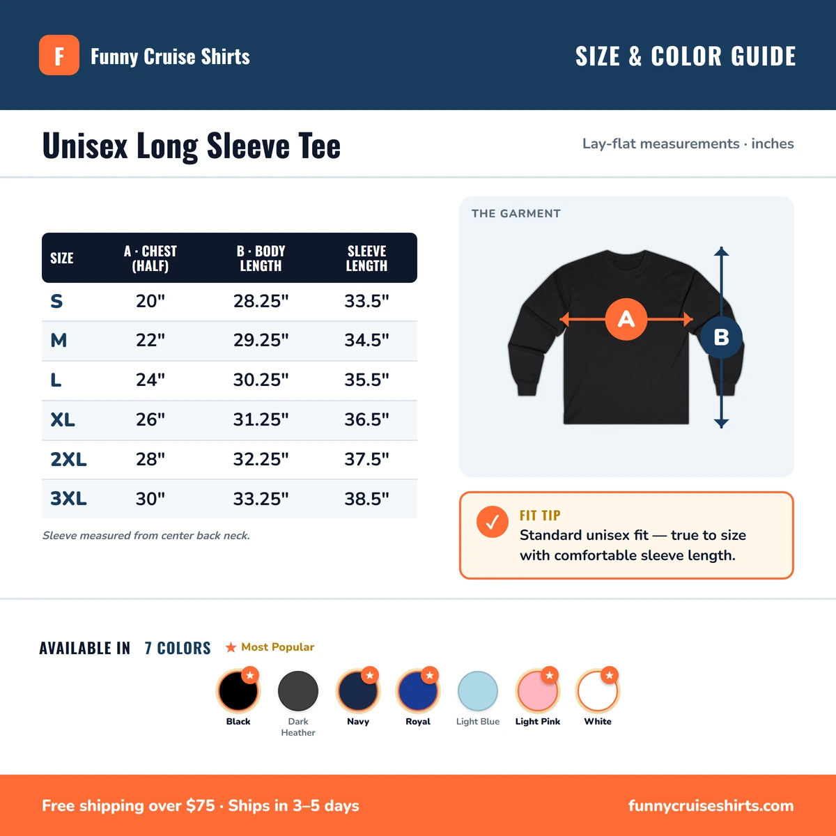 Long Sleeve size & color guide