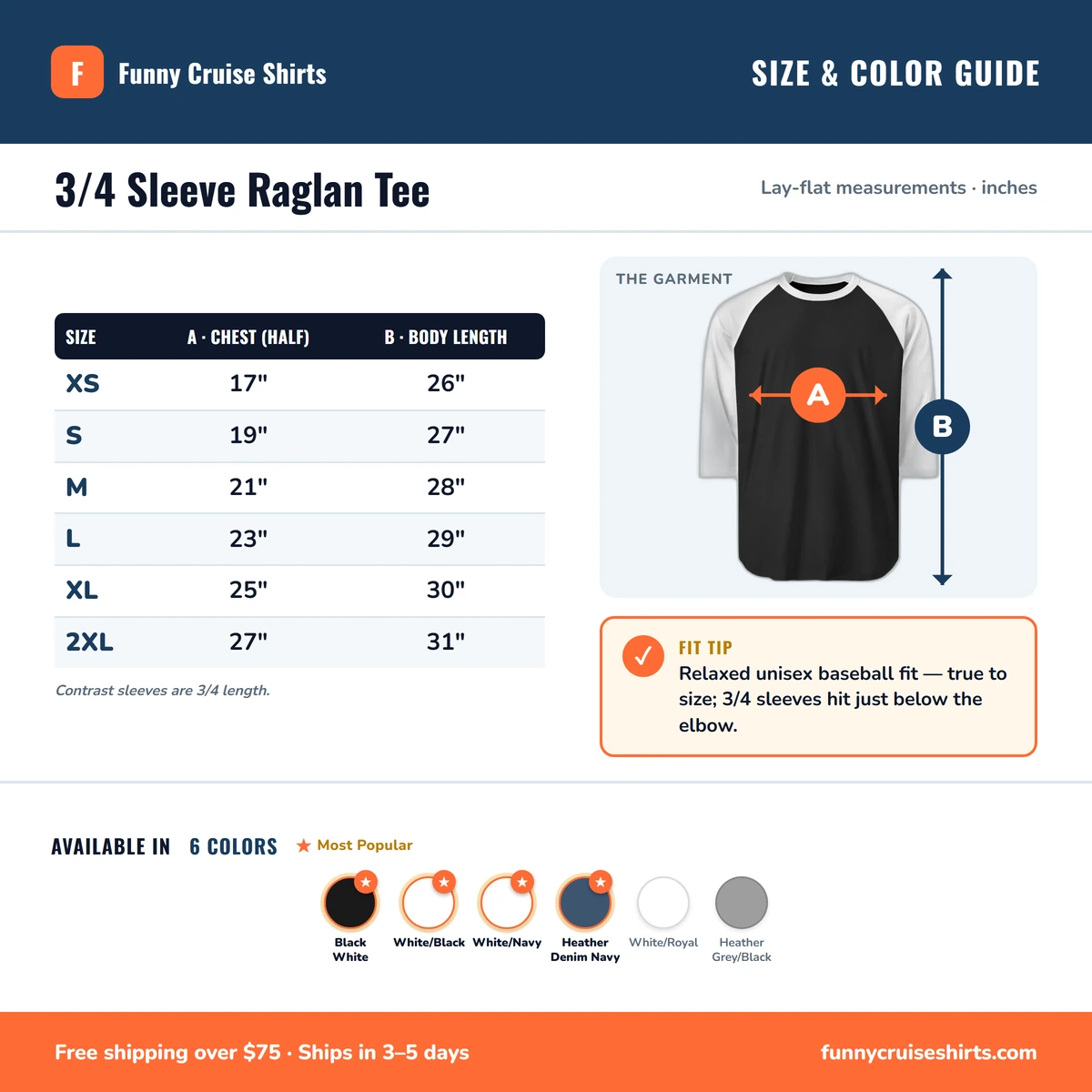 Raglan 3/4 size & color guide