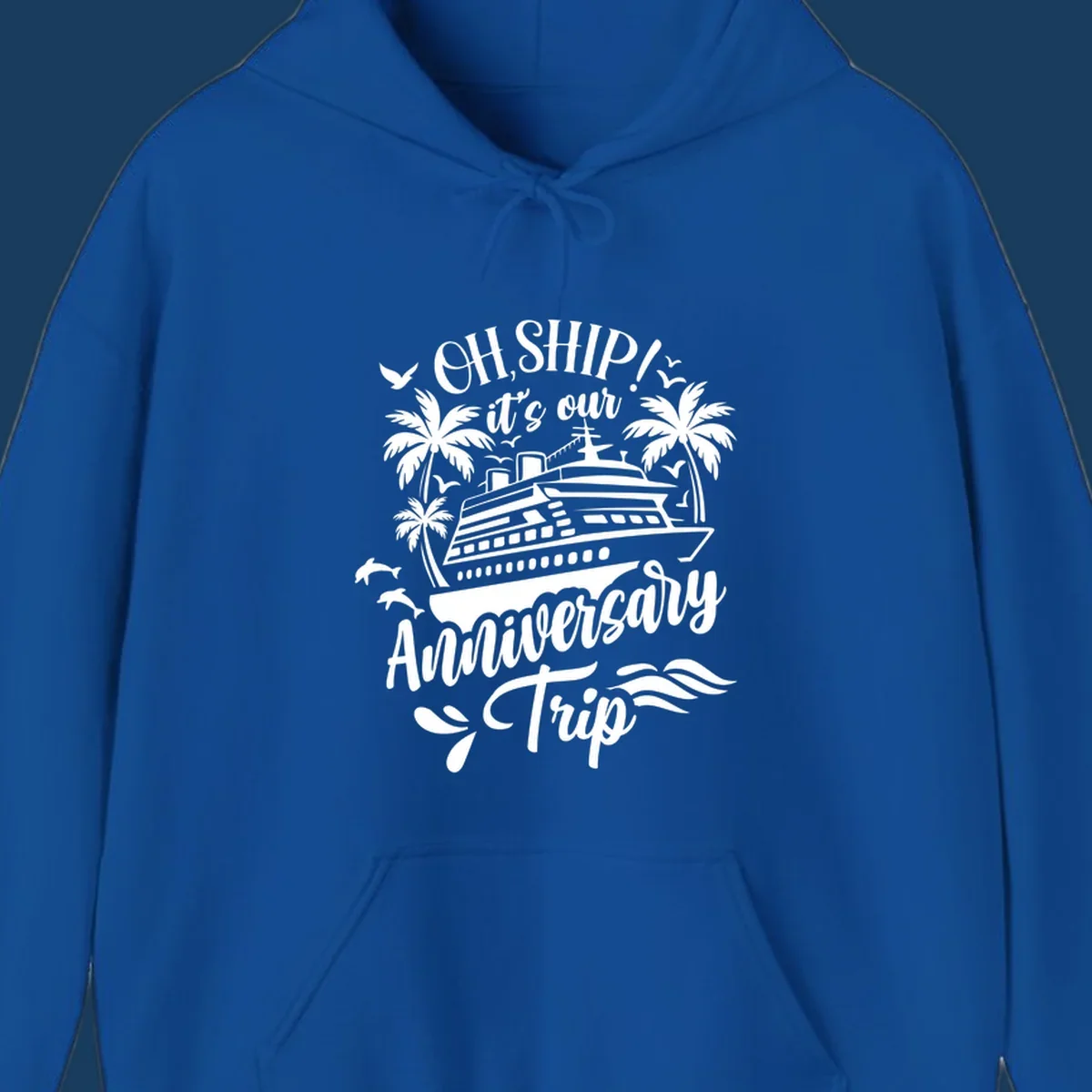A white illustrated design for an anniversary cruise with a ship, palm trees, dolphins, and 'OH, SHIP! it's our Anniversary Trip' text.