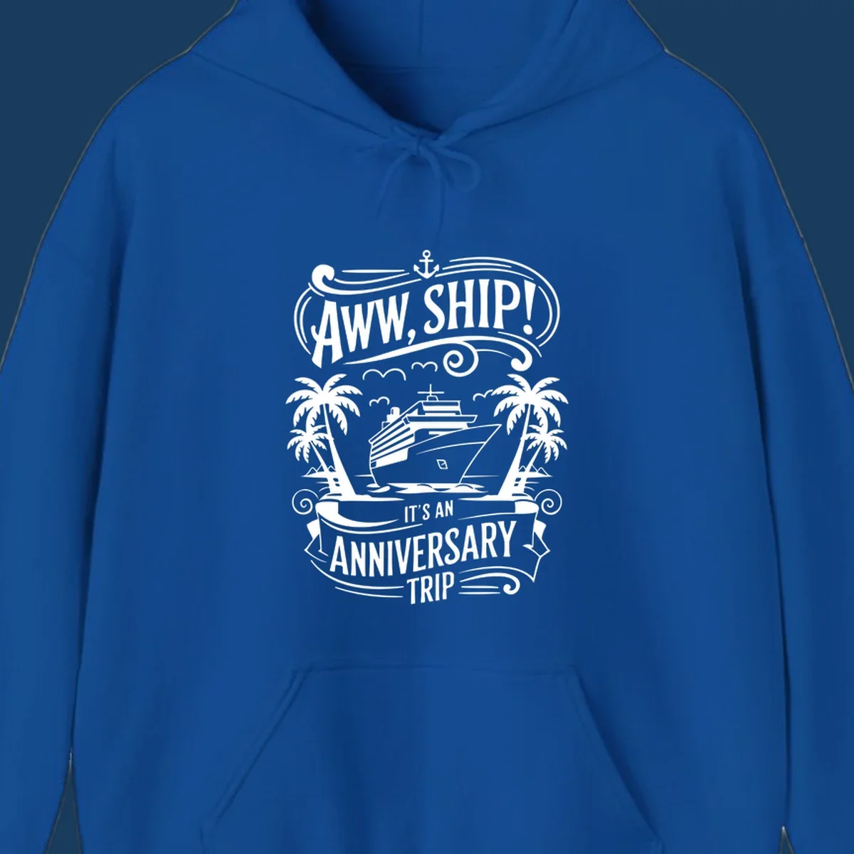 Anniversary cruise ship pun design with text "Aww, Ship! It's An Anniversary Trip".
