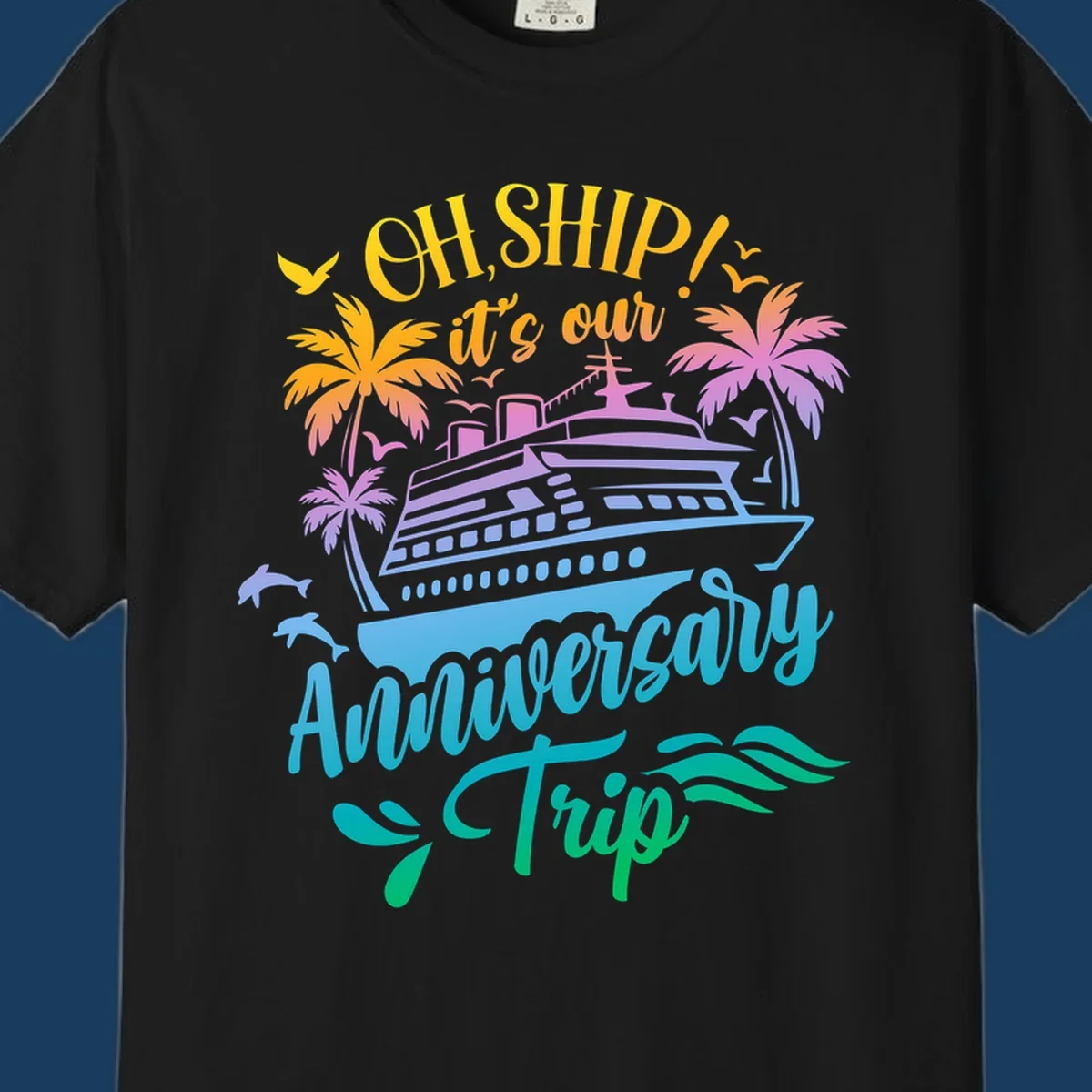 Anniversary cruise ship design with dolphins and palm trees.