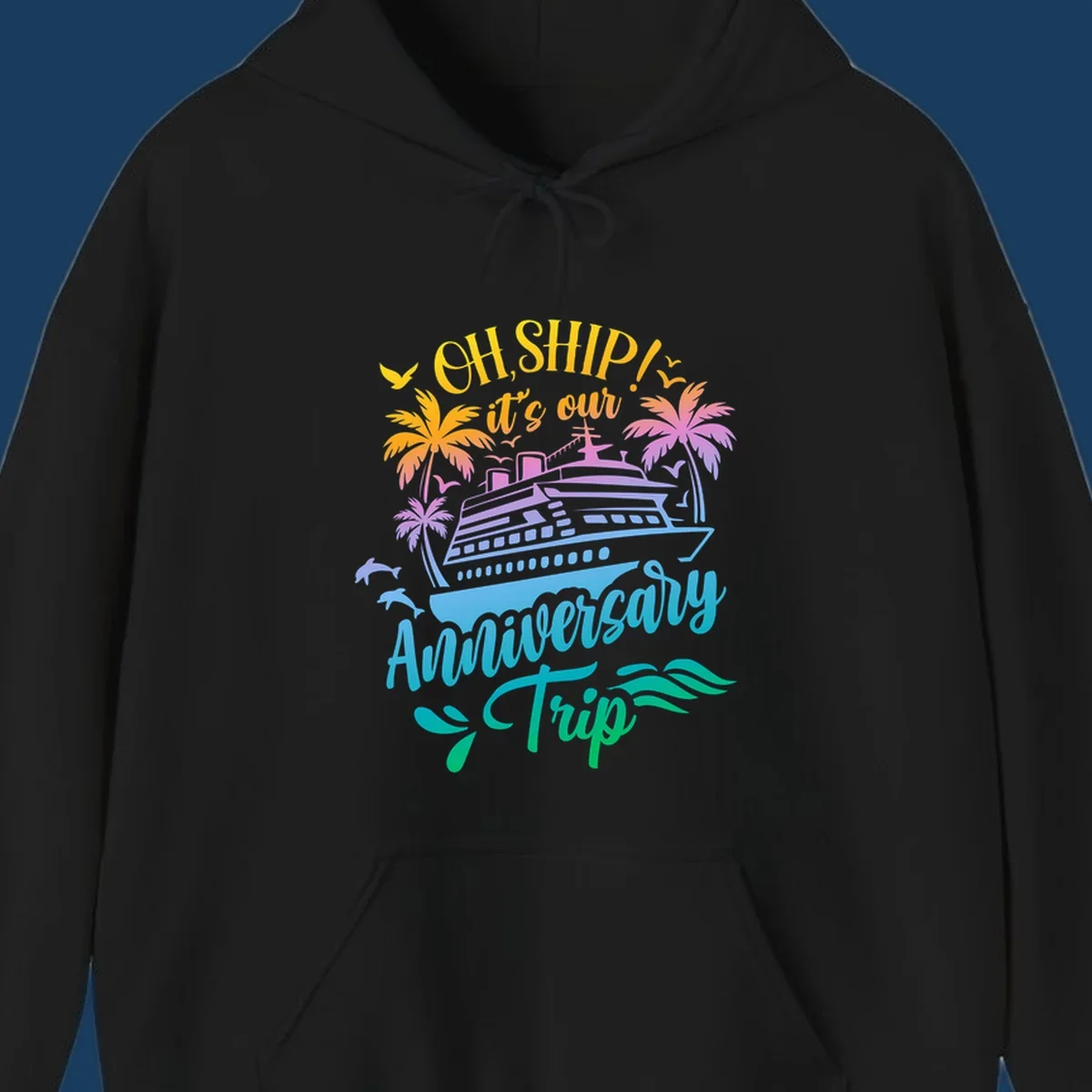 Anniversary cruise ship design with dolphins and palm trees.