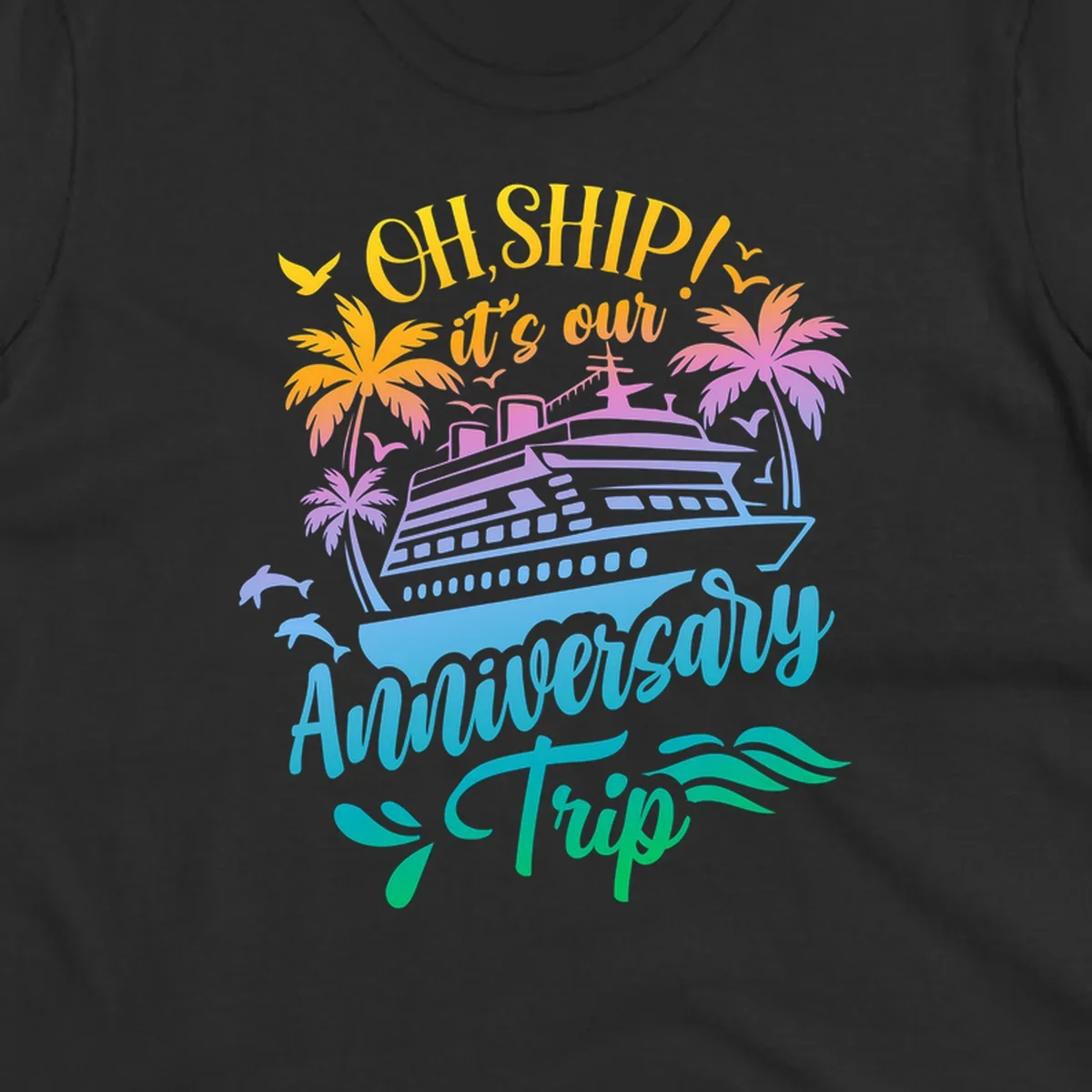 Anniversary cruise ship design with dolphins and palm trees.