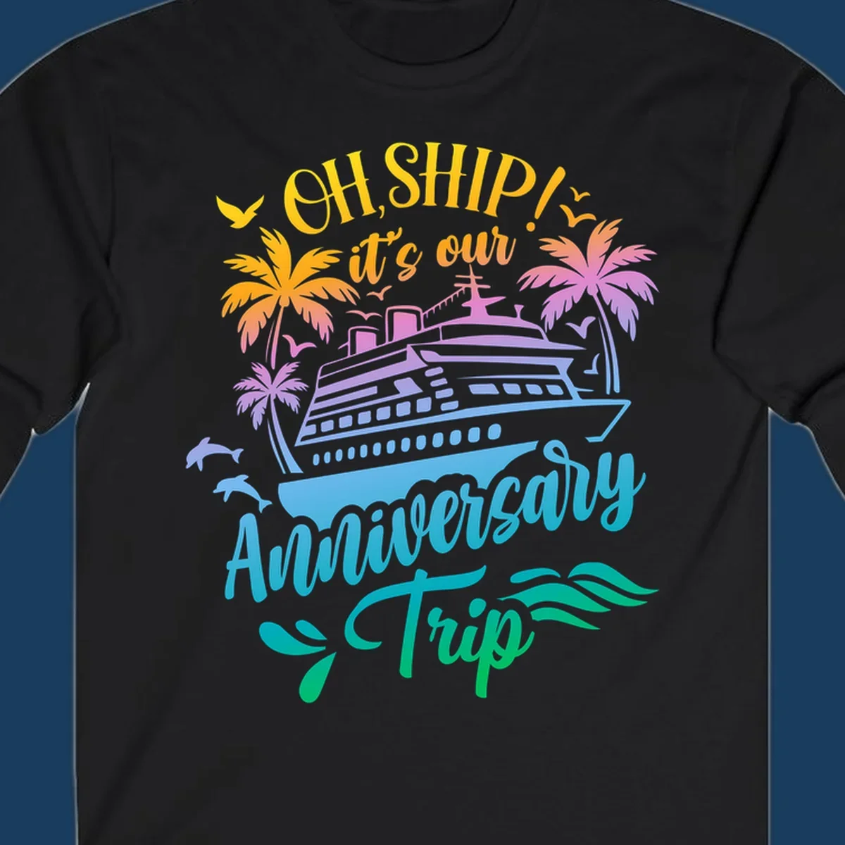 Anniversary cruise ship design with dolphins and palm trees.