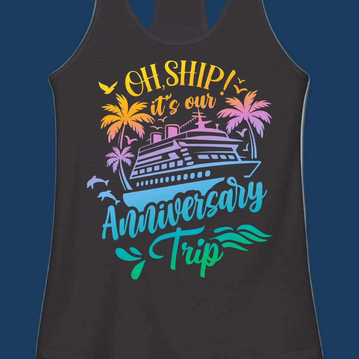 Anniversary cruise ship design with dolphins and palm trees.