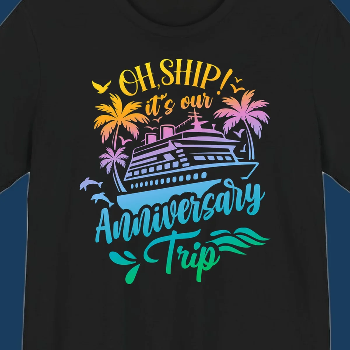 Anniversary cruise ship design with dolphins and palm trees.