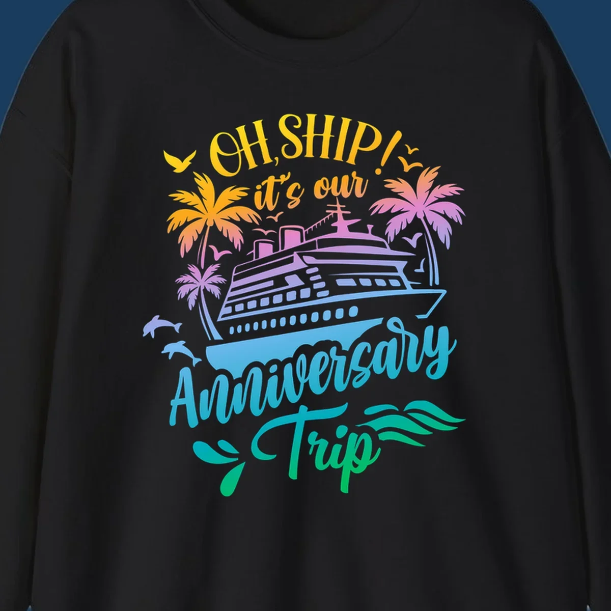 Anniversary cruise ship design with dolphins and palm trees.