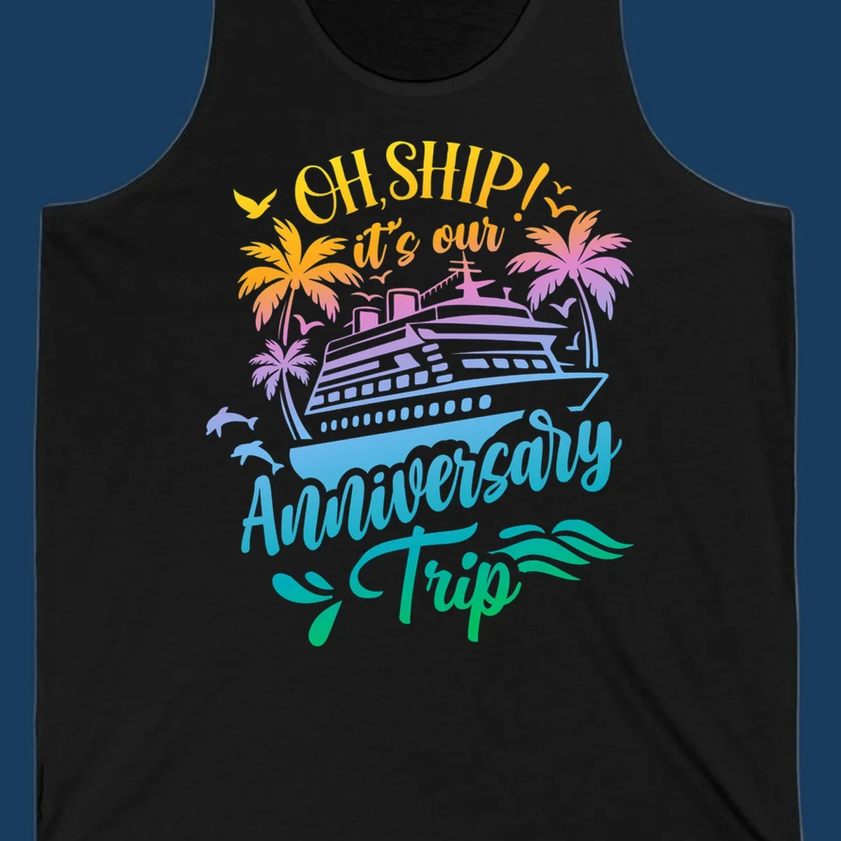 Anniversary cruise ship design with dolphins and palm trees.