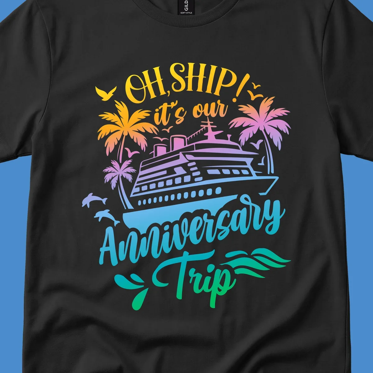Anniversary cruise ship design with dolphins and palm trees.