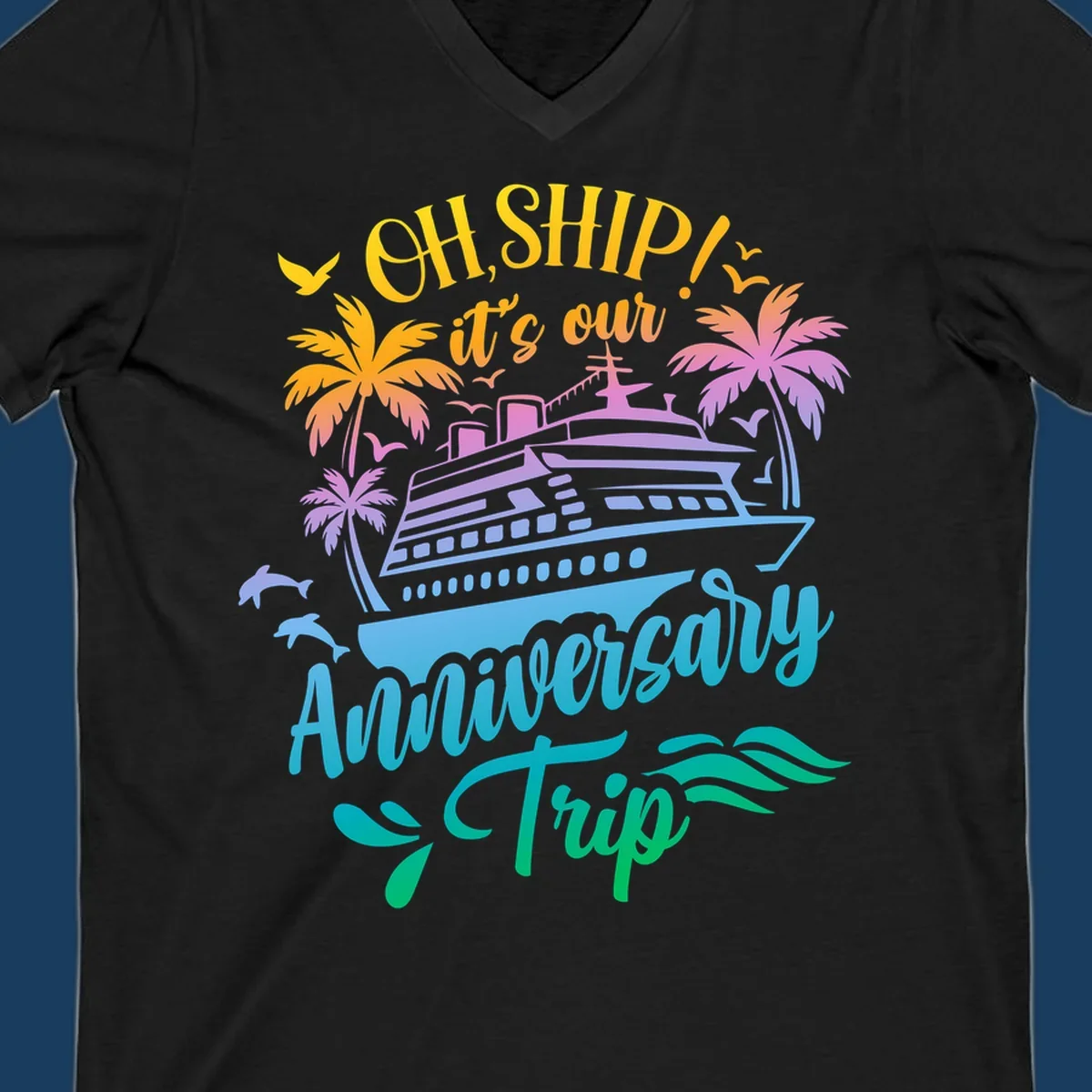 Anniversary cruise ship design with dolphins and palm trees.