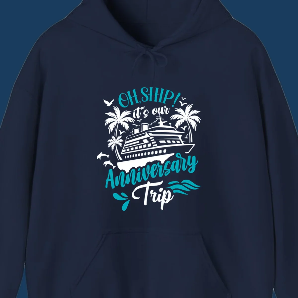 Anniversary cruise ship design with text 'Oh Ship! It's Our Anniversary Trip'.