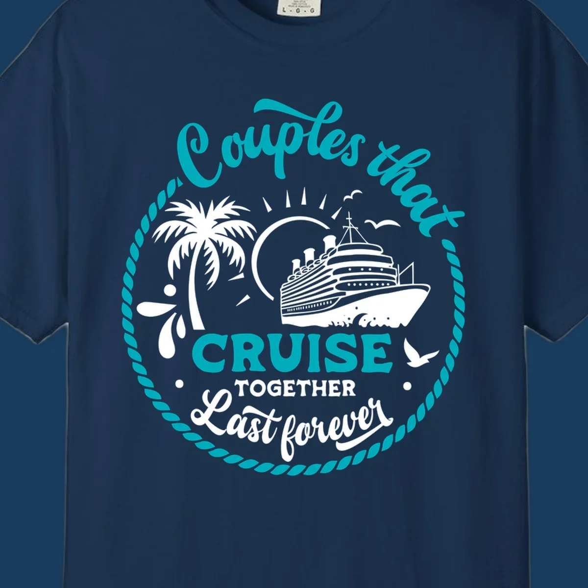 Illustration of a cruise ship, palm tree, and text 'Couples that Cruise Together Last Forever'.