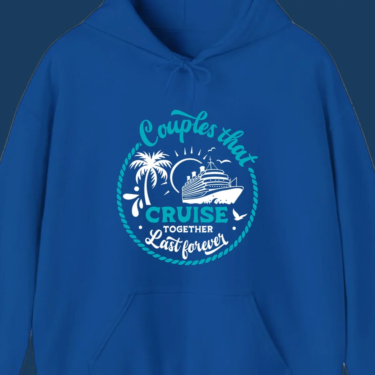 Illustration of a cruise ship, palm tree, and text 'Couples that Cruise Together Last Forever'.