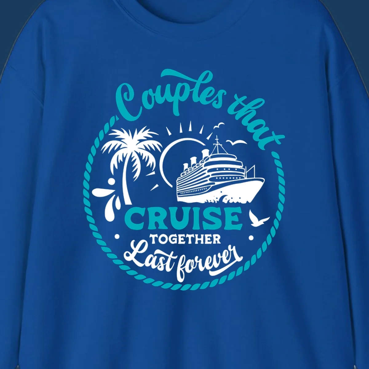 Illustration of a cruise ship, palm tree, and text 'Couples that Cruise Together Last Forever'.