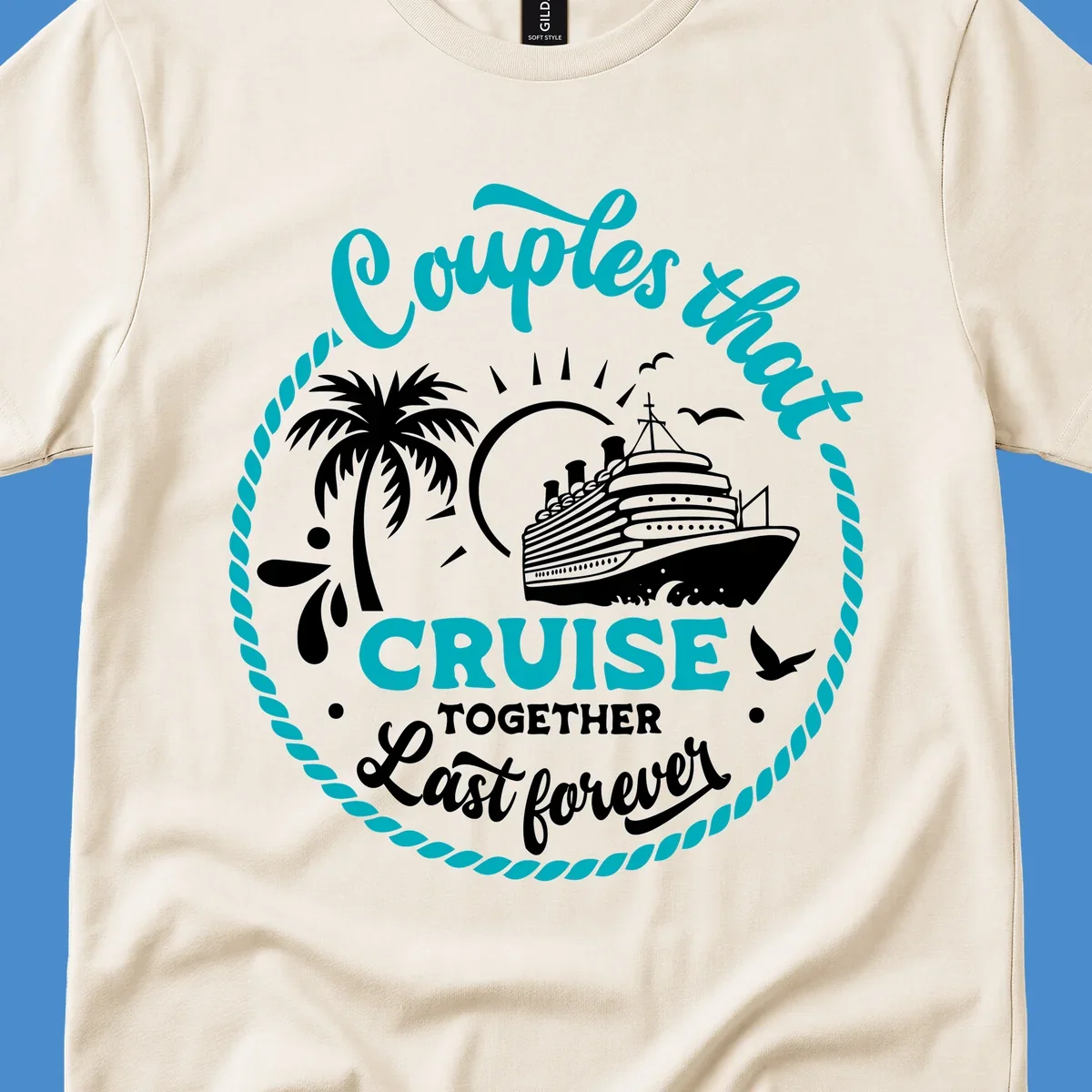 Illustration of a cruise ship, palm tree, and text 'Couples that Cruise Together Last Forever'.