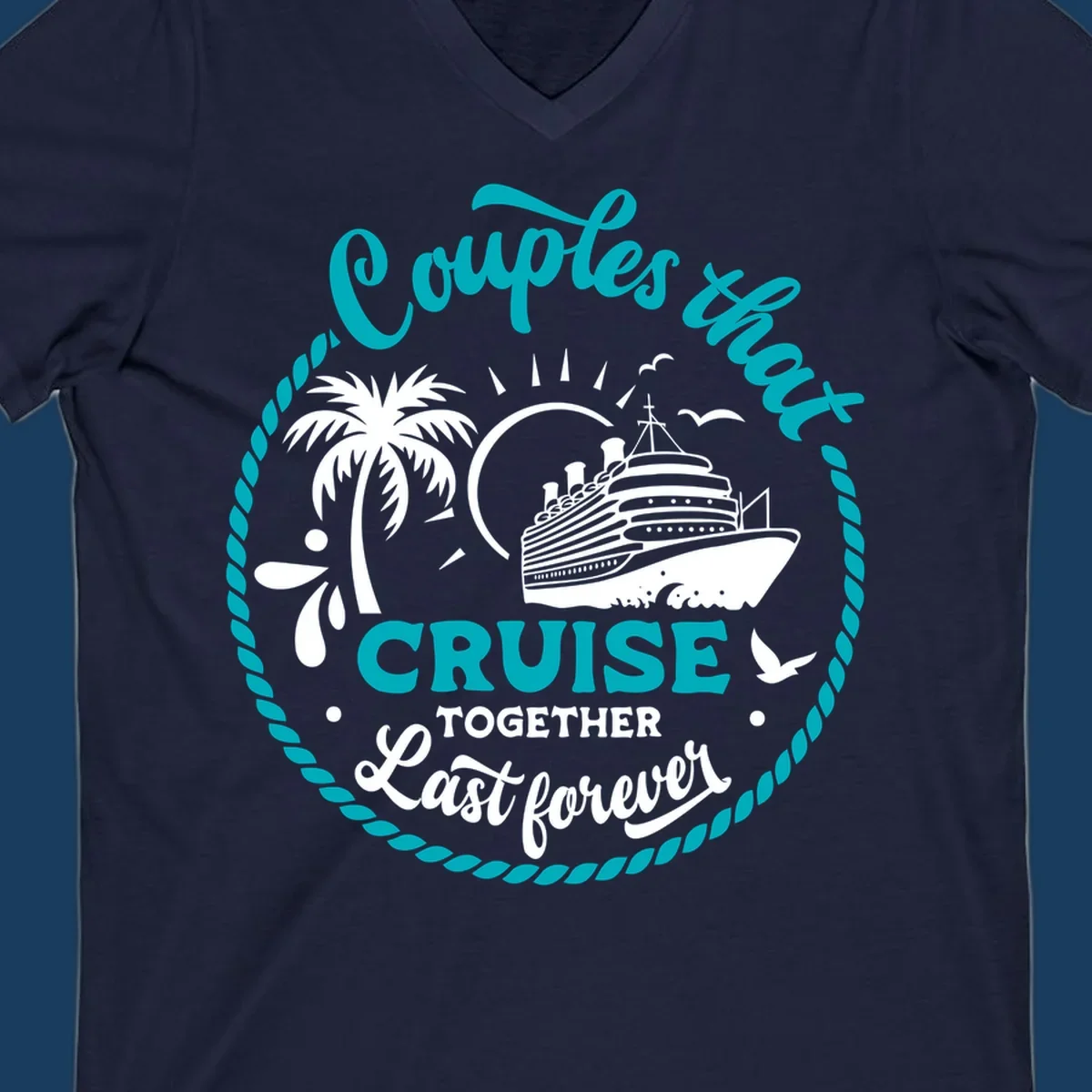 Illustration of a cruise ship, palm tree, and text 'Couples that Cruise Together Last Forever'.