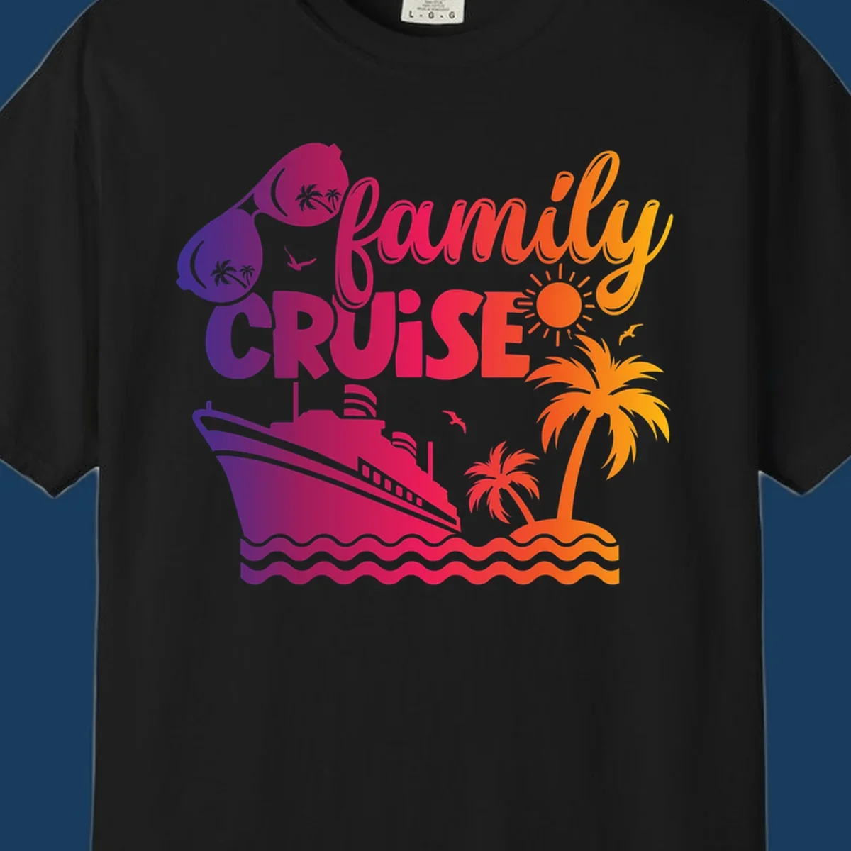 Family cruise design with sunglasses, cruise ship, palm trees, and tropical island. family-cruise-vibes.