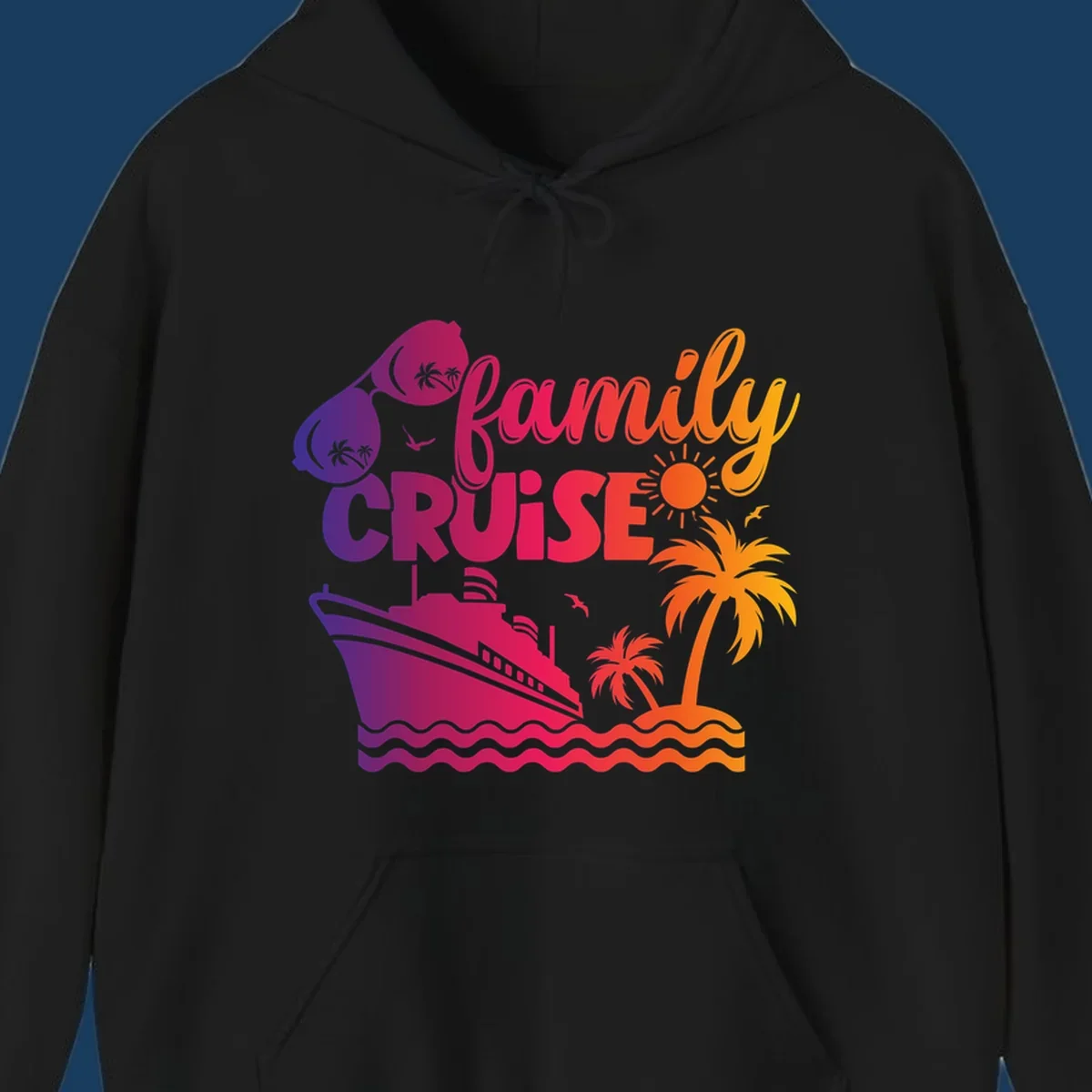 Family cruise design with sunglasses, cruise ship, palm trees, and tropical island. family-cruise-vibes.