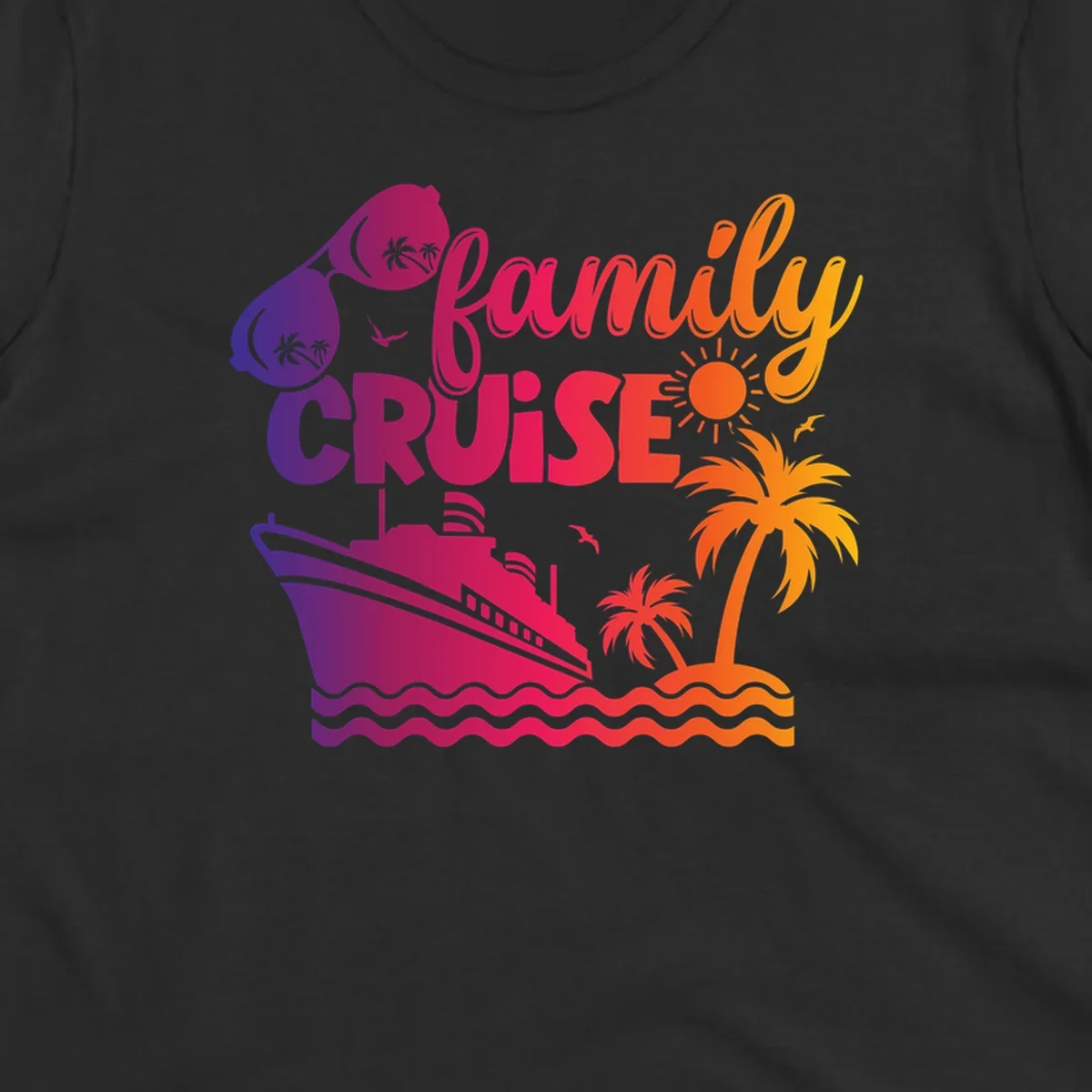 Family cruise design with sunglasses, cruise ship, palm trees, and tropical island. family-cruise-vibes.