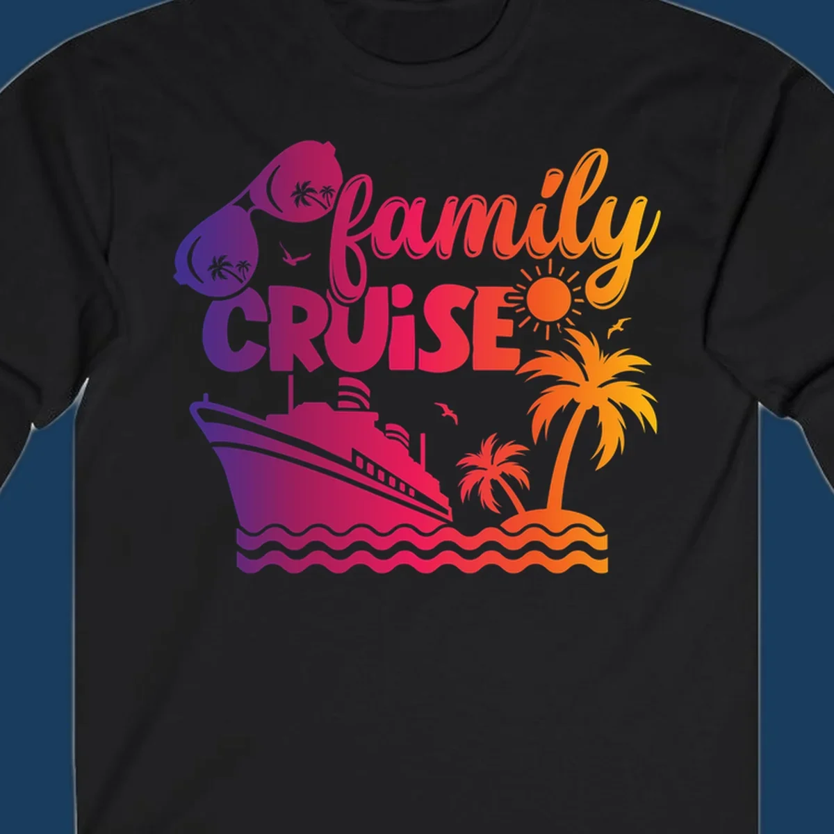 Family cruise design with sunglasses, cruise ship, palm trees, and tropical island. family-cruise-vibes.