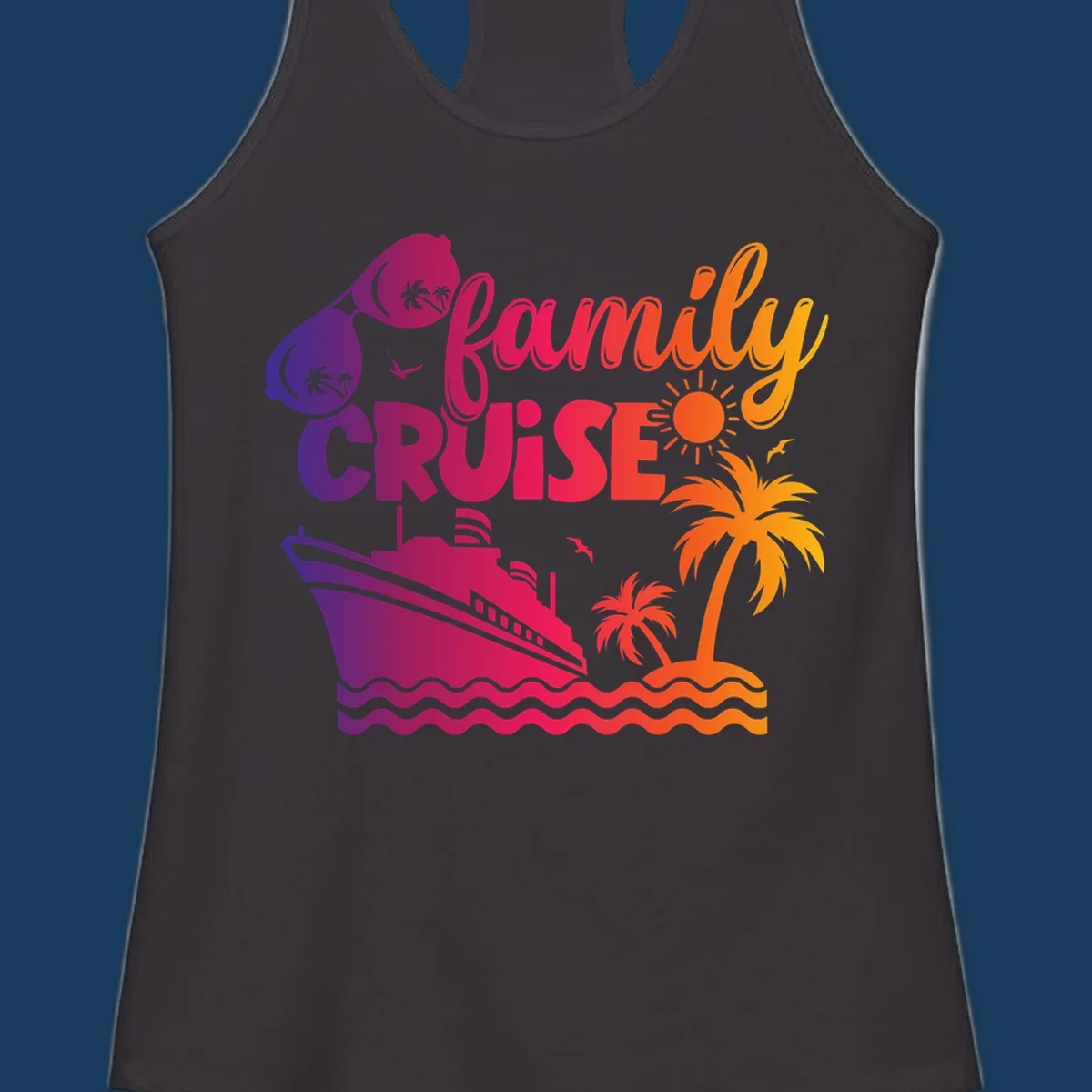 Family cruise design with sunglasses, cruise ship, palm trees, and tropical island. family-cruise-vibes.