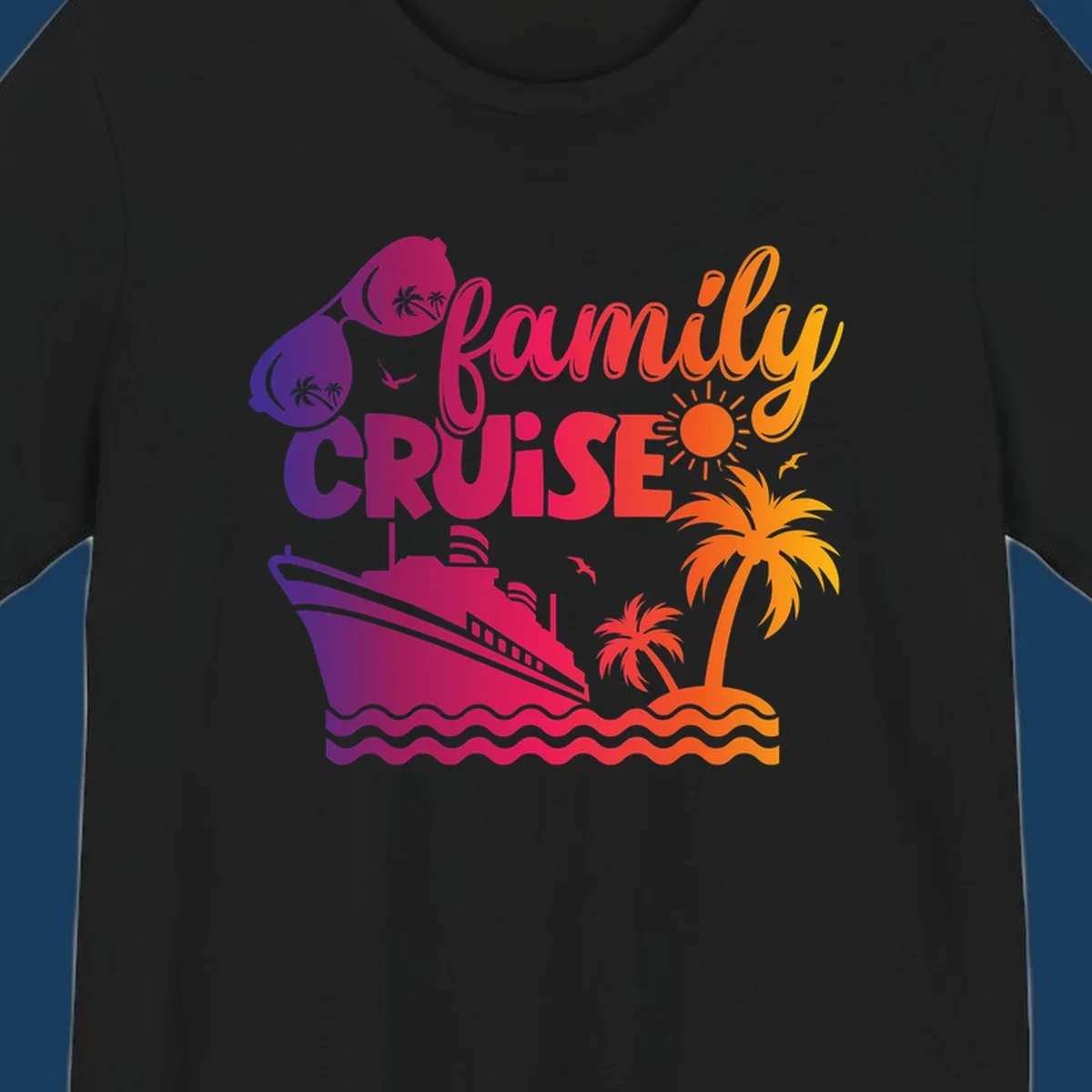 Family cruise design with sunglasses, cruise ship, palm trees, and tropical island. family-cruise-vibes.