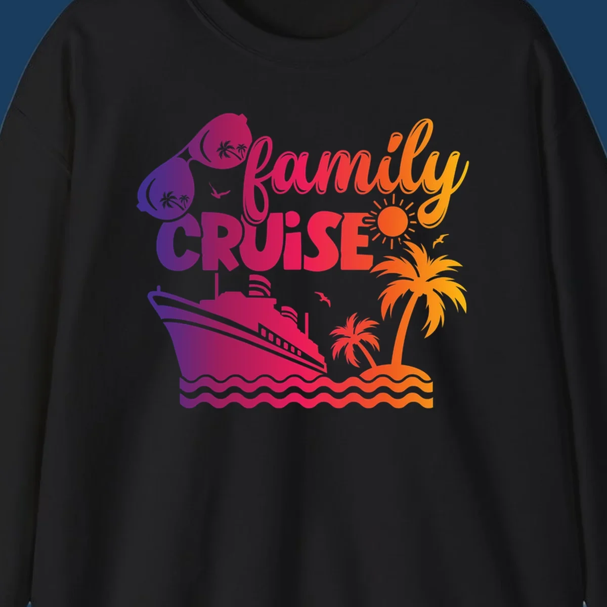 Family cruise design with sunglasses, cruise ship, palm trees, and tropical island. family-cruise-vibes.