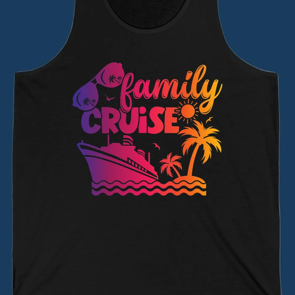 Family cruise design with sunglasses, cruise ship, palm trees, and tropical island. family-cruise-vibes.