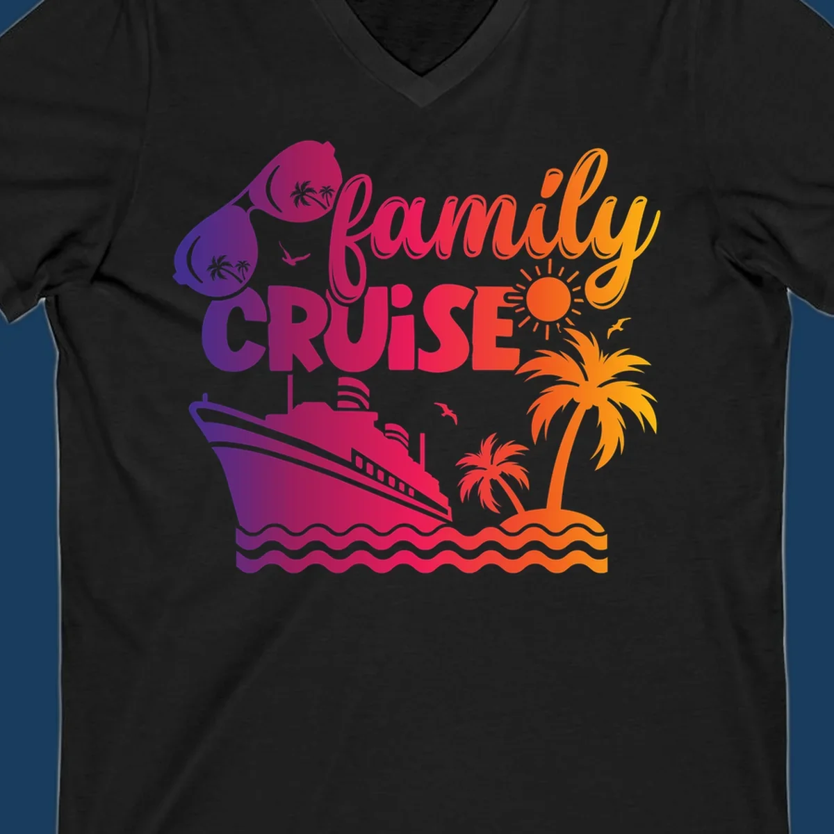 Family cruise design with sunglasses, cruise ship, palm trees, and tropical island. family-cruise-vibes.