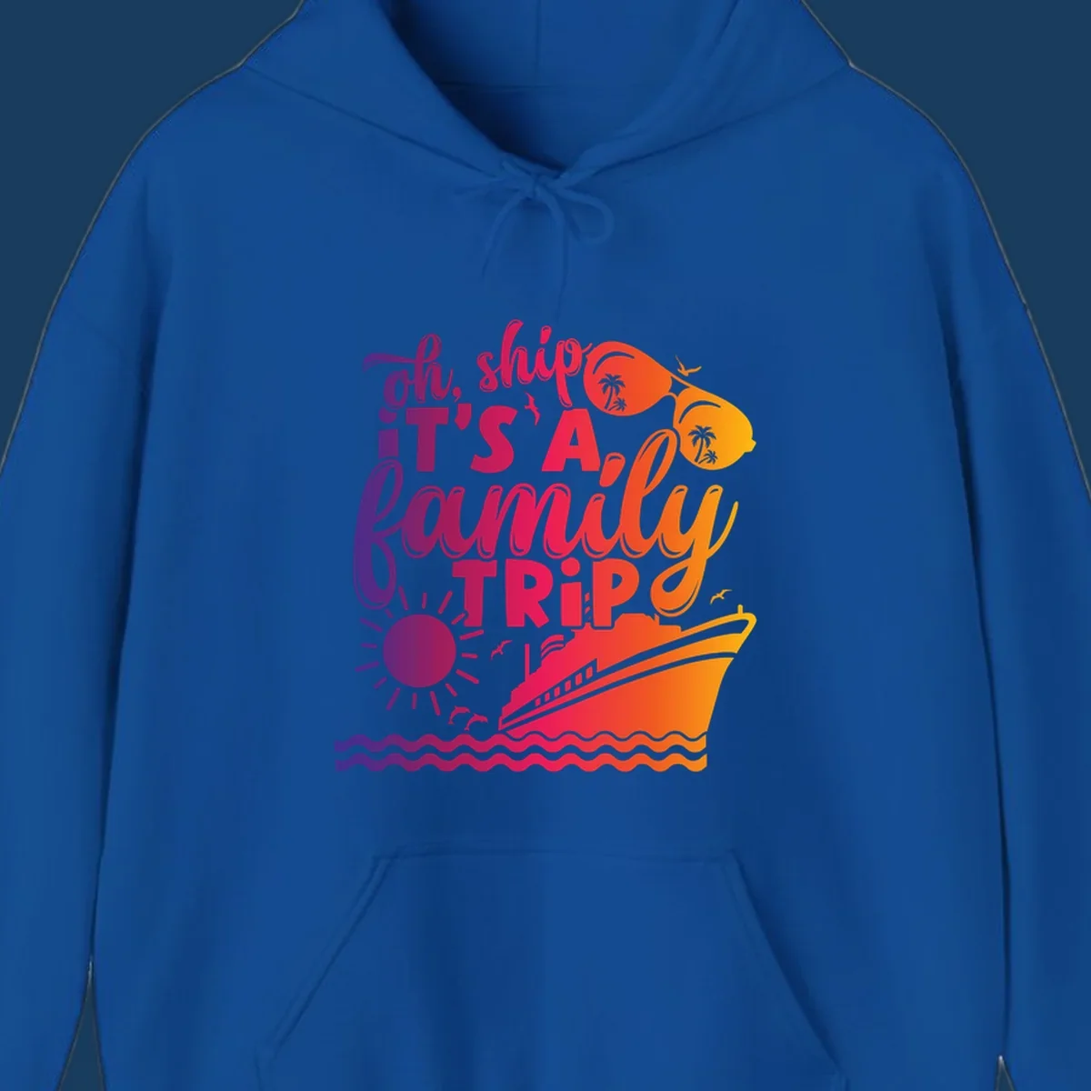 Oh ship it's a family trip text with cruise ship, sunglasses, sun, and dolphins.