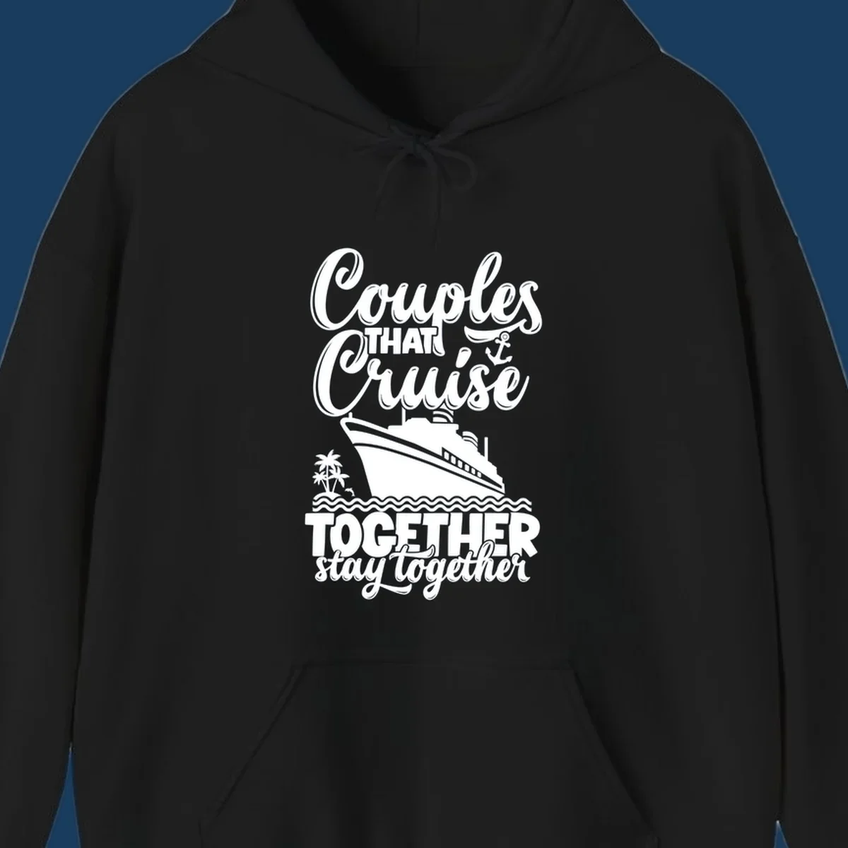Couples cruise together text and illustration with cruise ship and palm trees.