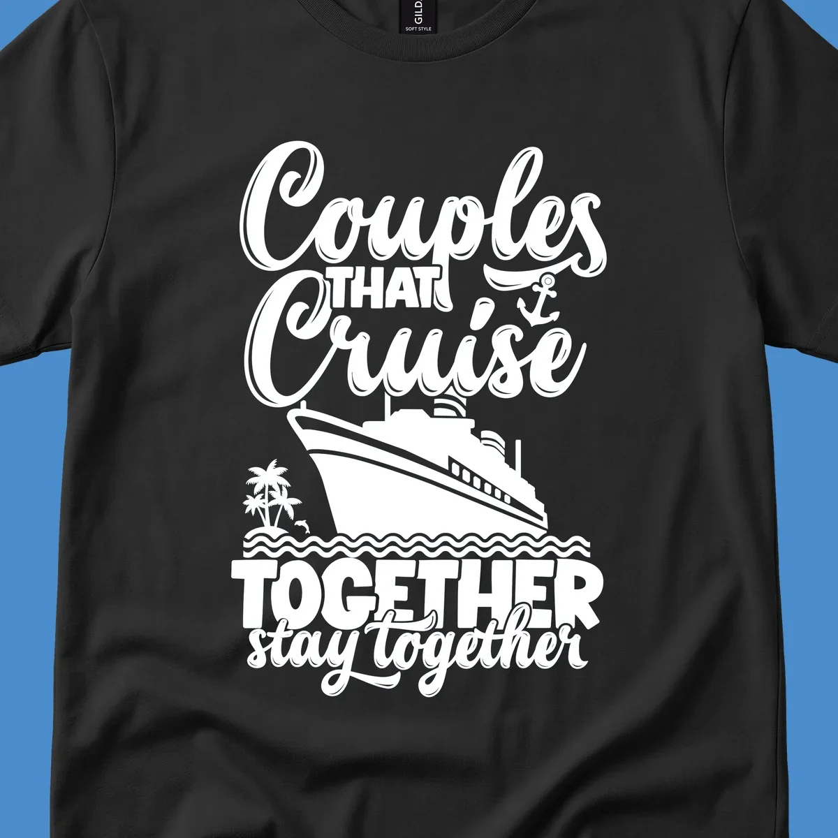 Couples cruise together text and illustration with cruise ship and palm trees.