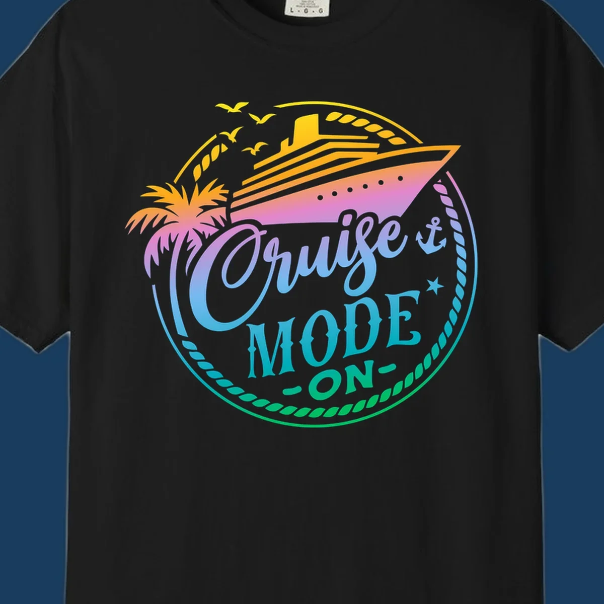 Cruise Mode On graphic with ship, palm tree, and text.