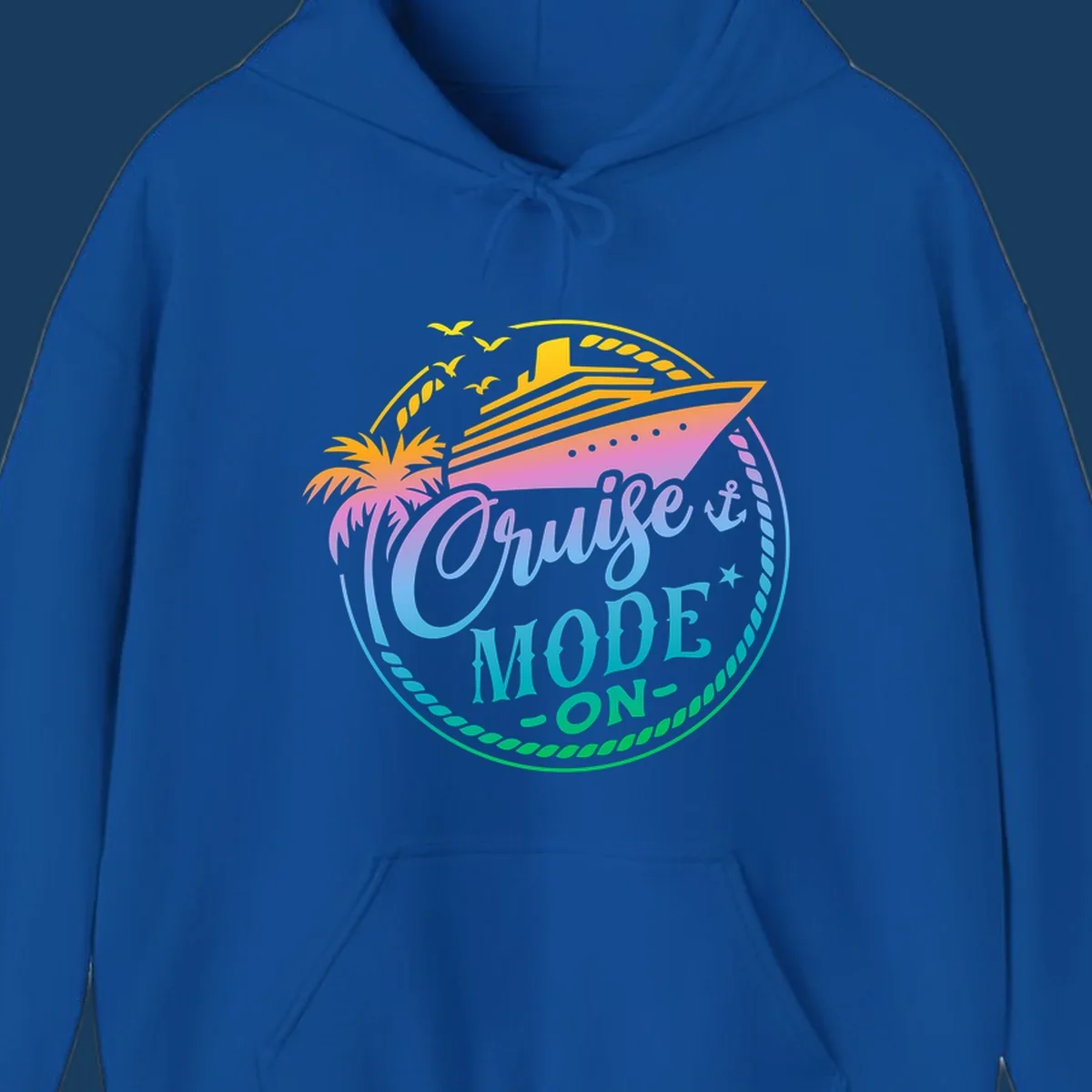 Cruise Mode On graphic with ship, palm tree, and text.