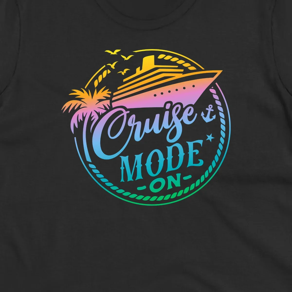 Cruise Mode On graphic with ship, palm tree, and text.