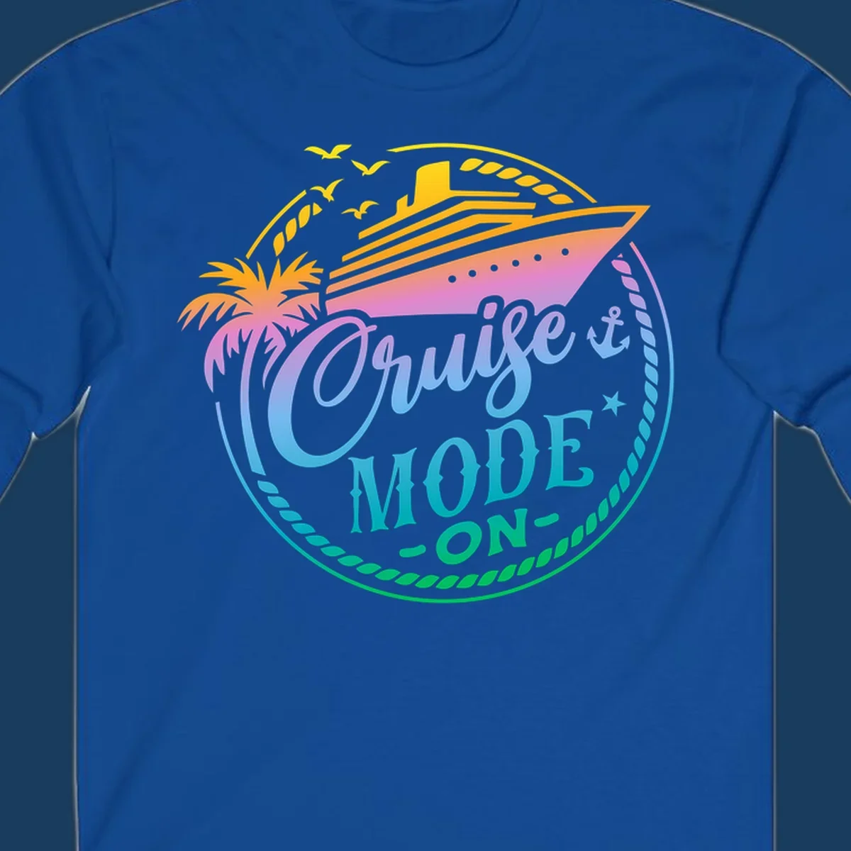 Cruise Mode On graphic with ship, palm tree, and text.