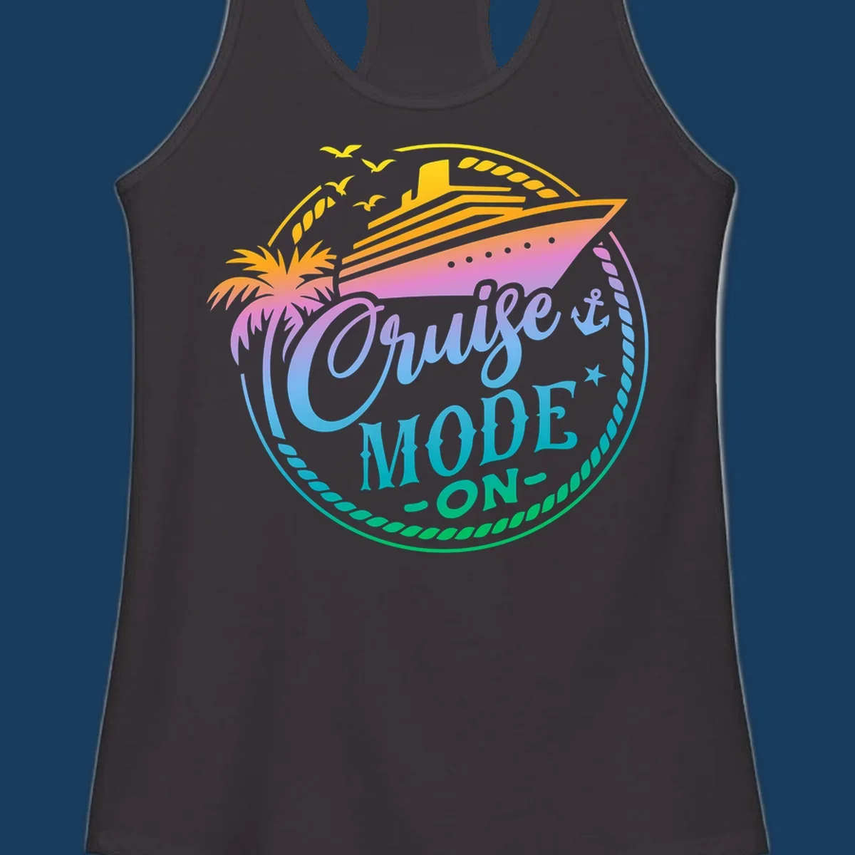 Cruise Mode On graphic with ship, palm tree, and text.