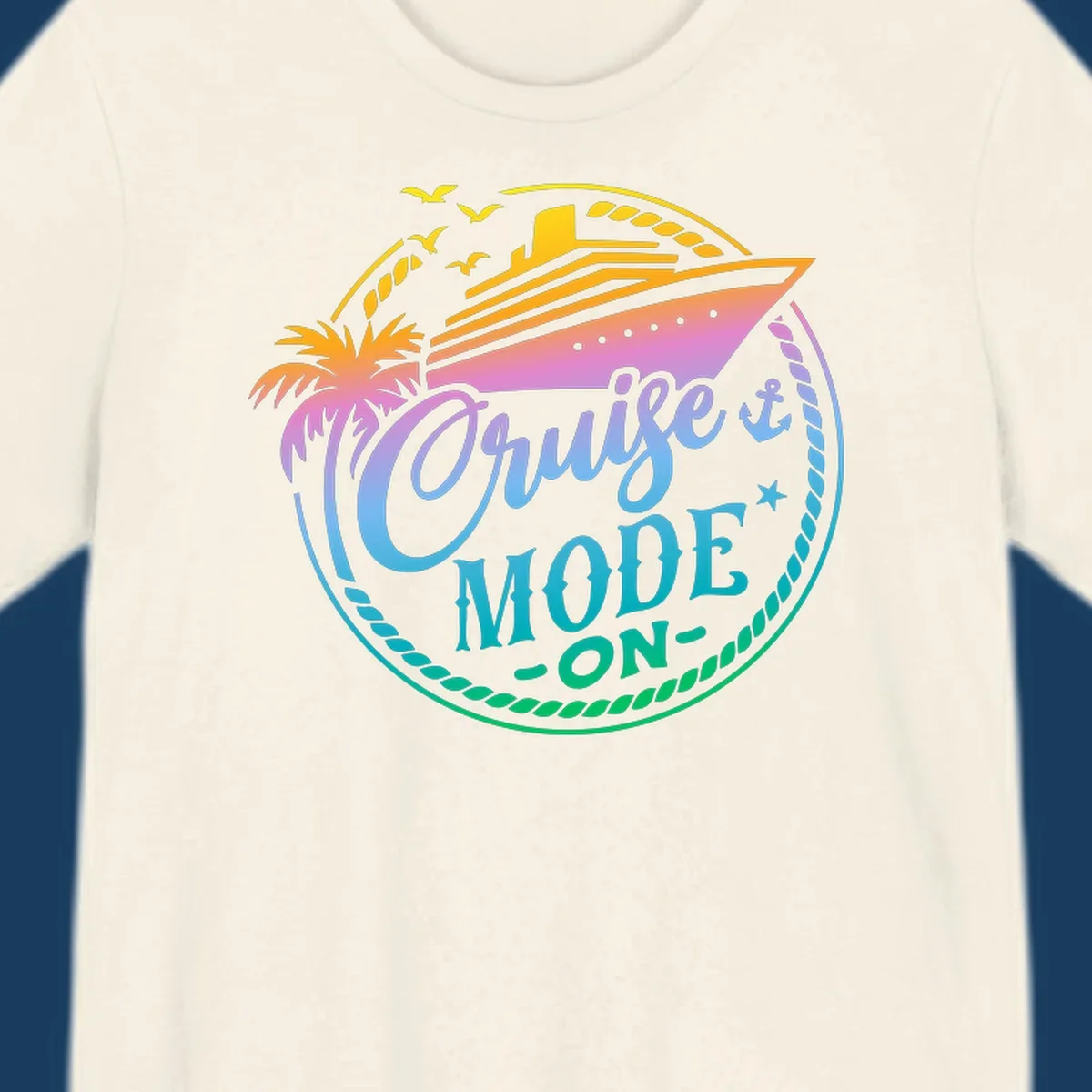 Cruise Mode On graphic with ship, palm tree, and text.