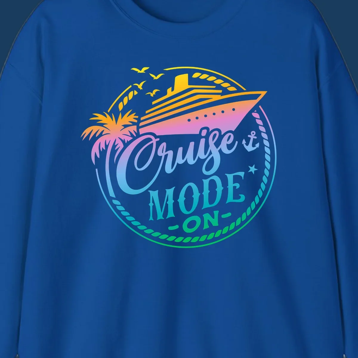 Cruise Mode On graphic with ship, palm tree, and text.