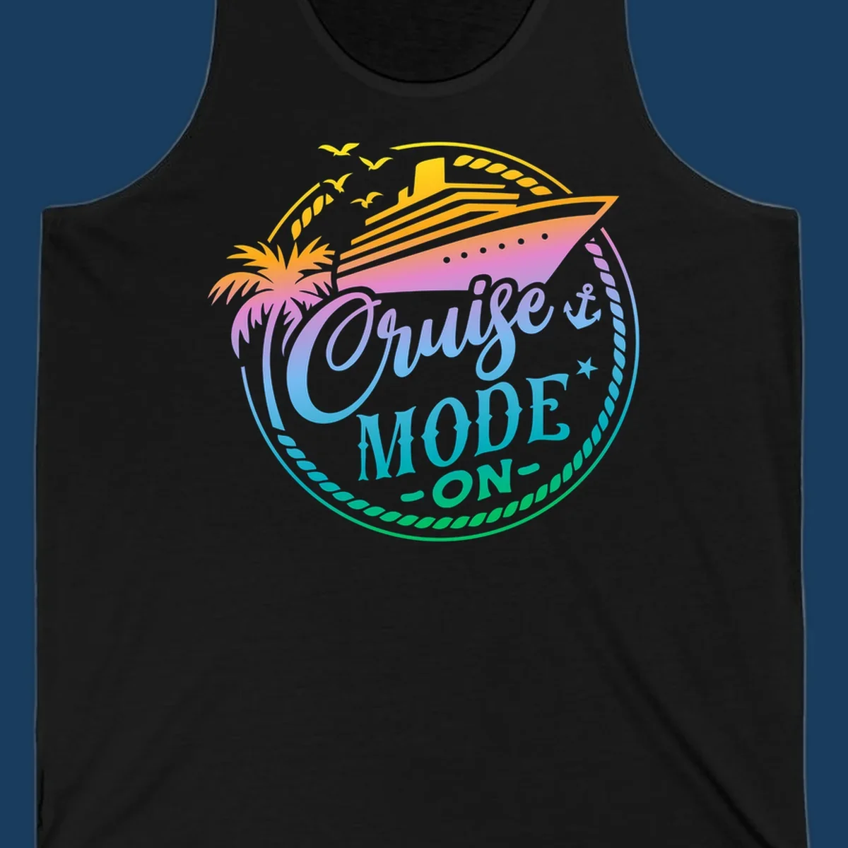 Cruise Mode On graphic with ship, palm tree, and text.