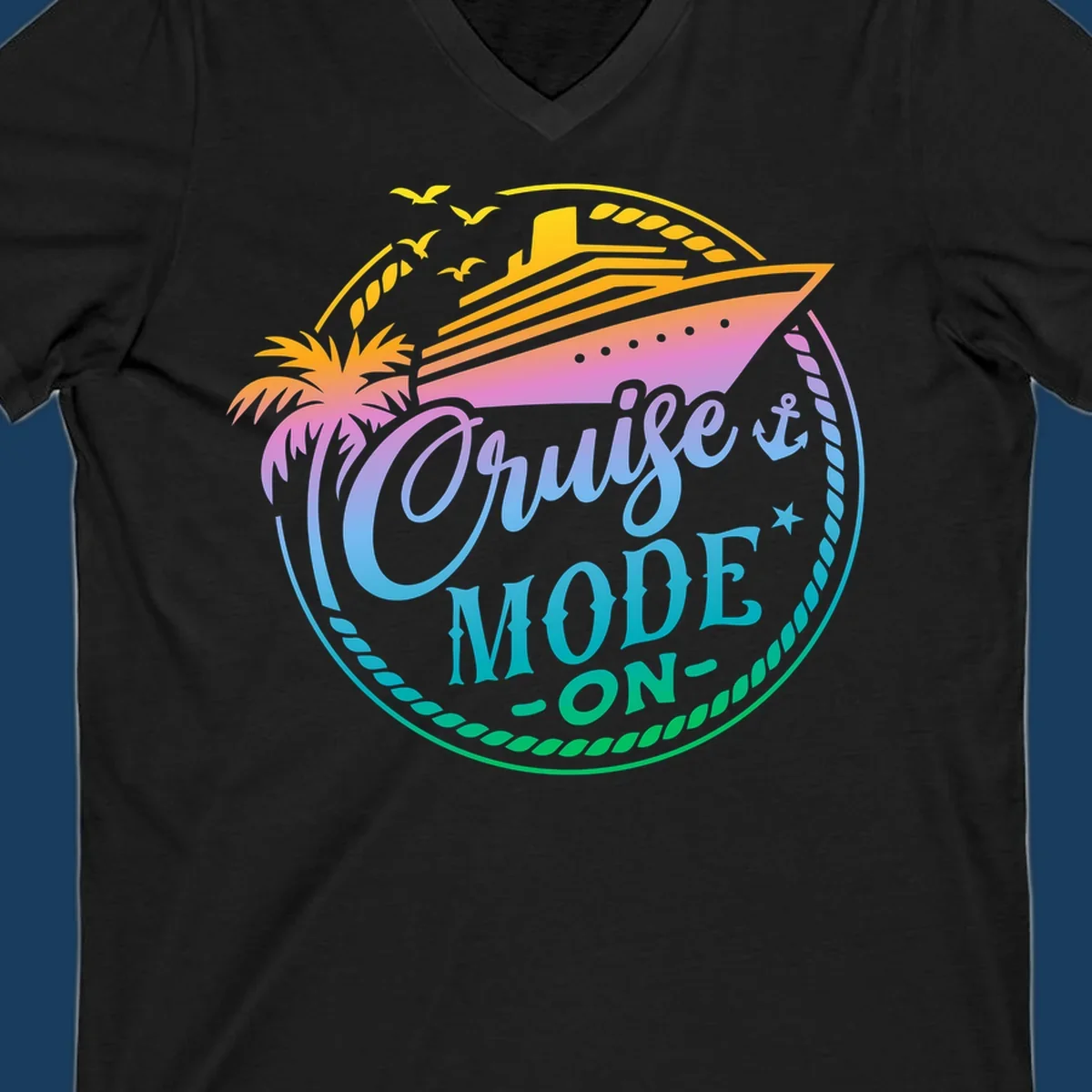 Cruise Mode On graphic with ship, palm tree, and text.