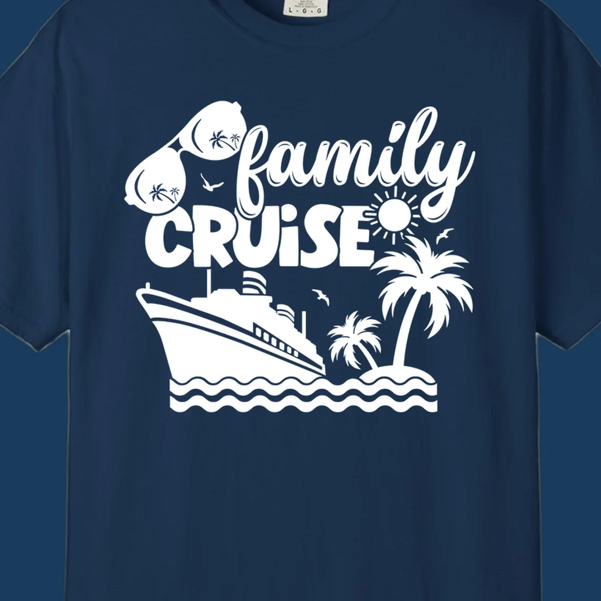 family-cruise-vacation illustration with ship, palm trees, sunglasses and text