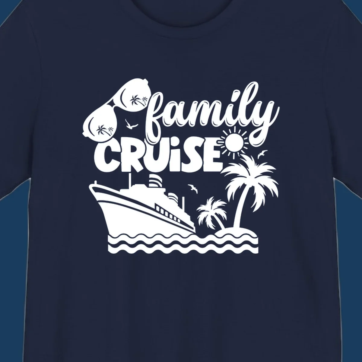family-cruise-vacation illustration with ship, palm trees, sunglasses and text