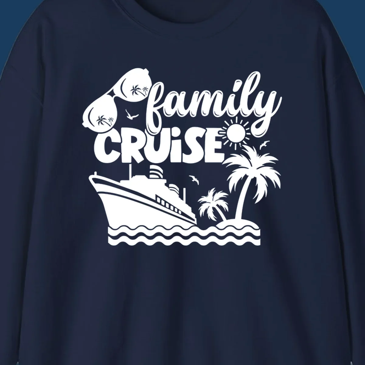 family-cruise-vacation illustration with ship, palm trees, sunglasses and text