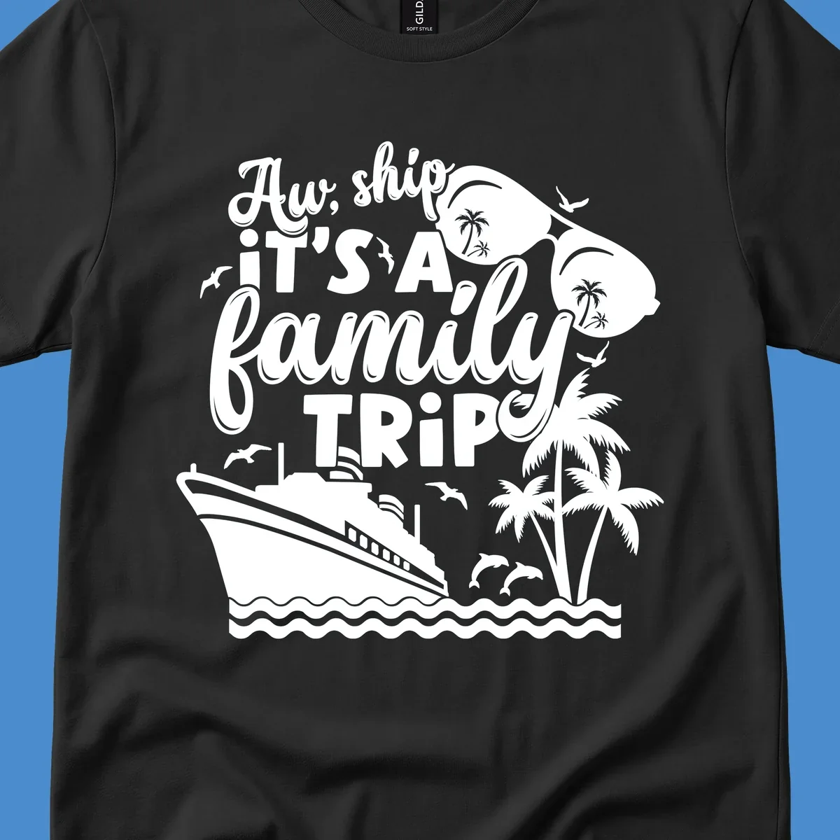 Aw, ship it's a family trip with cruise ship, palm trees, dolphins, and sunglasses. Funny cruise design.