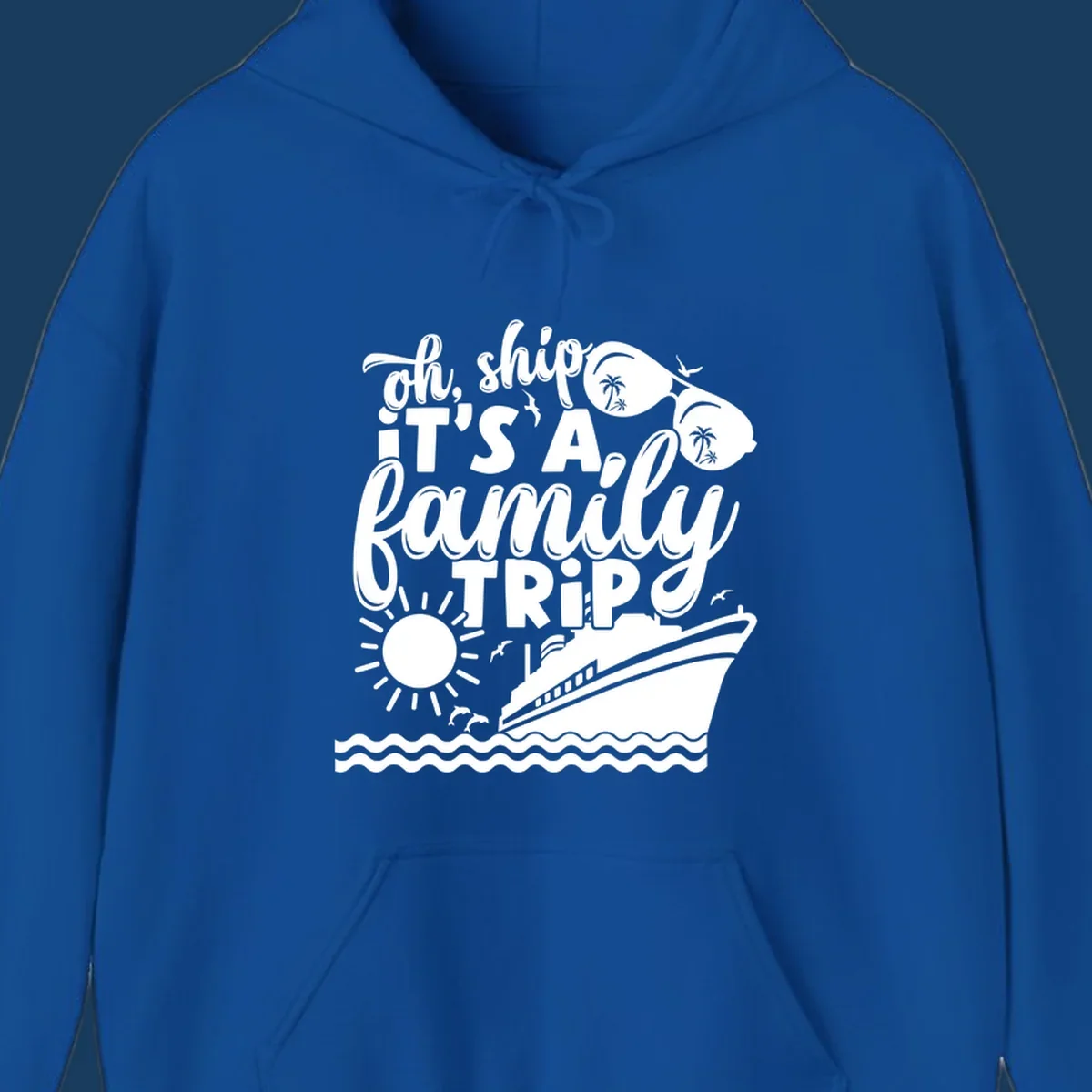 Oh ship it's a family trip text with cruise ship, sunglasses, sun, and dolphins graphic.
