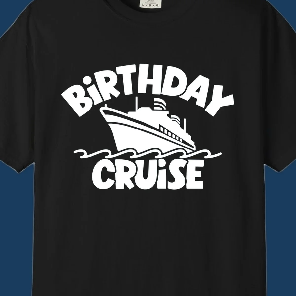 Birthday cruise ship design with text and waves